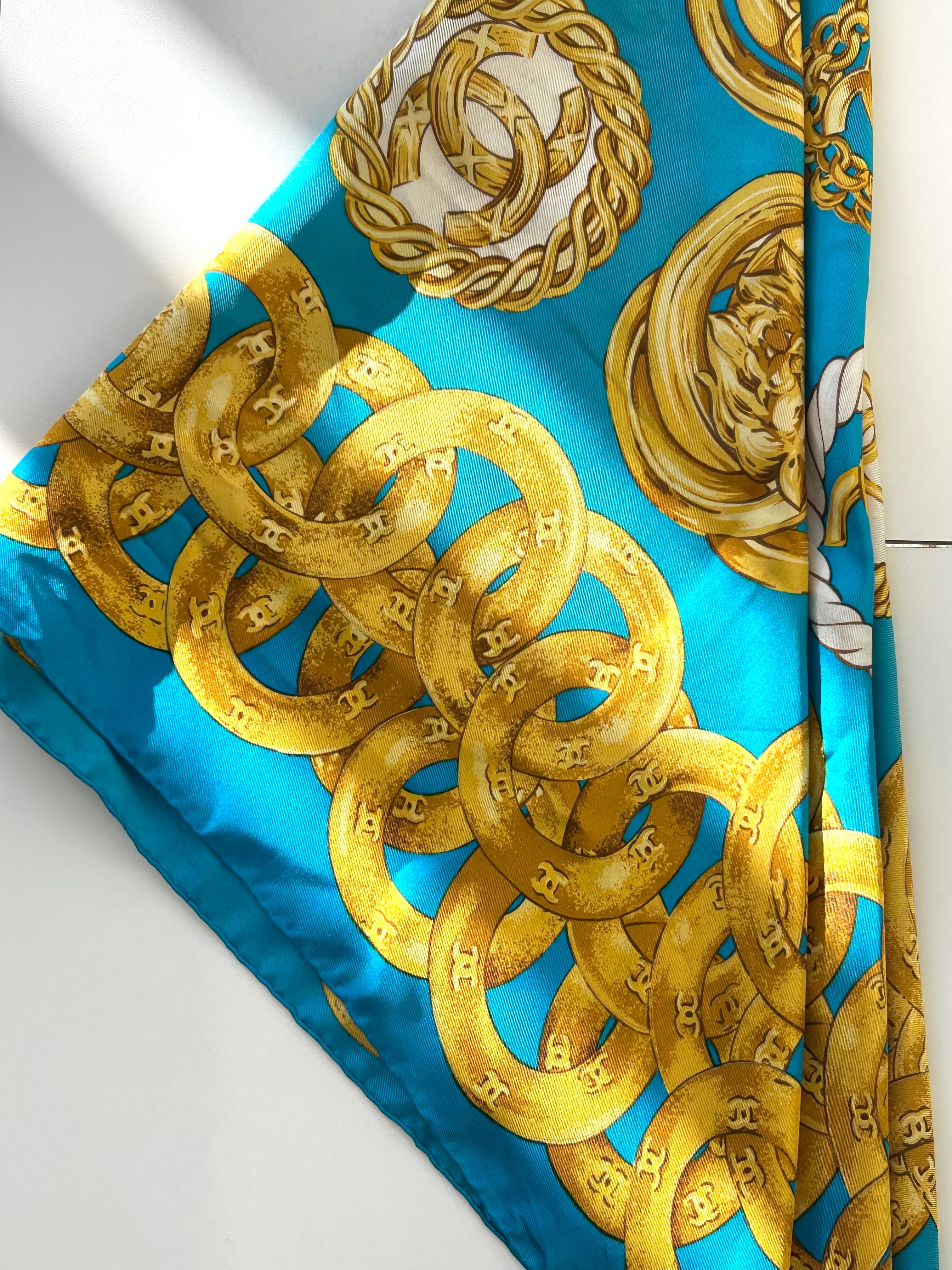 vintage CHANEL turquoise blue gold medal scarf