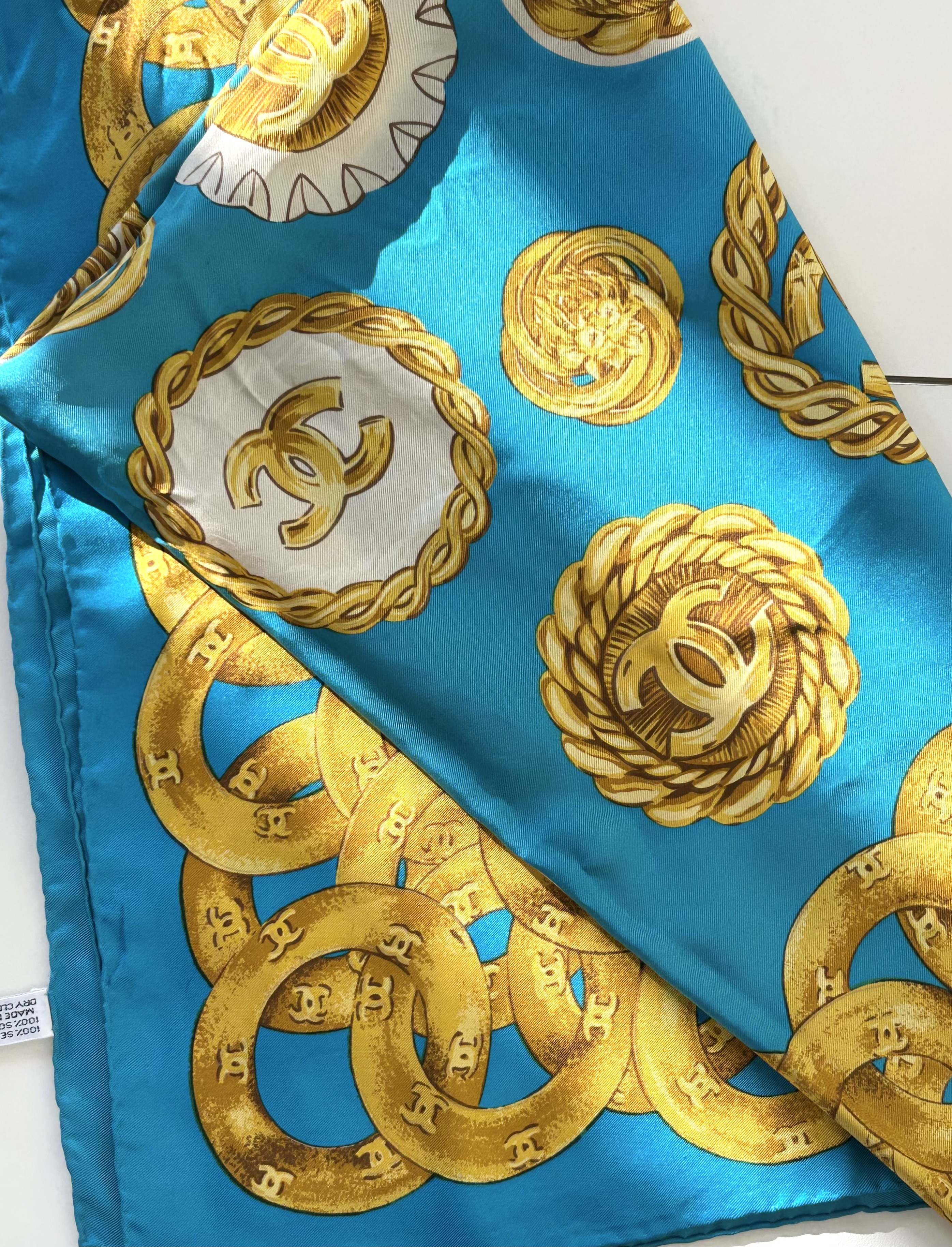 vintage CHANEL turquoise blue gold medal scarf