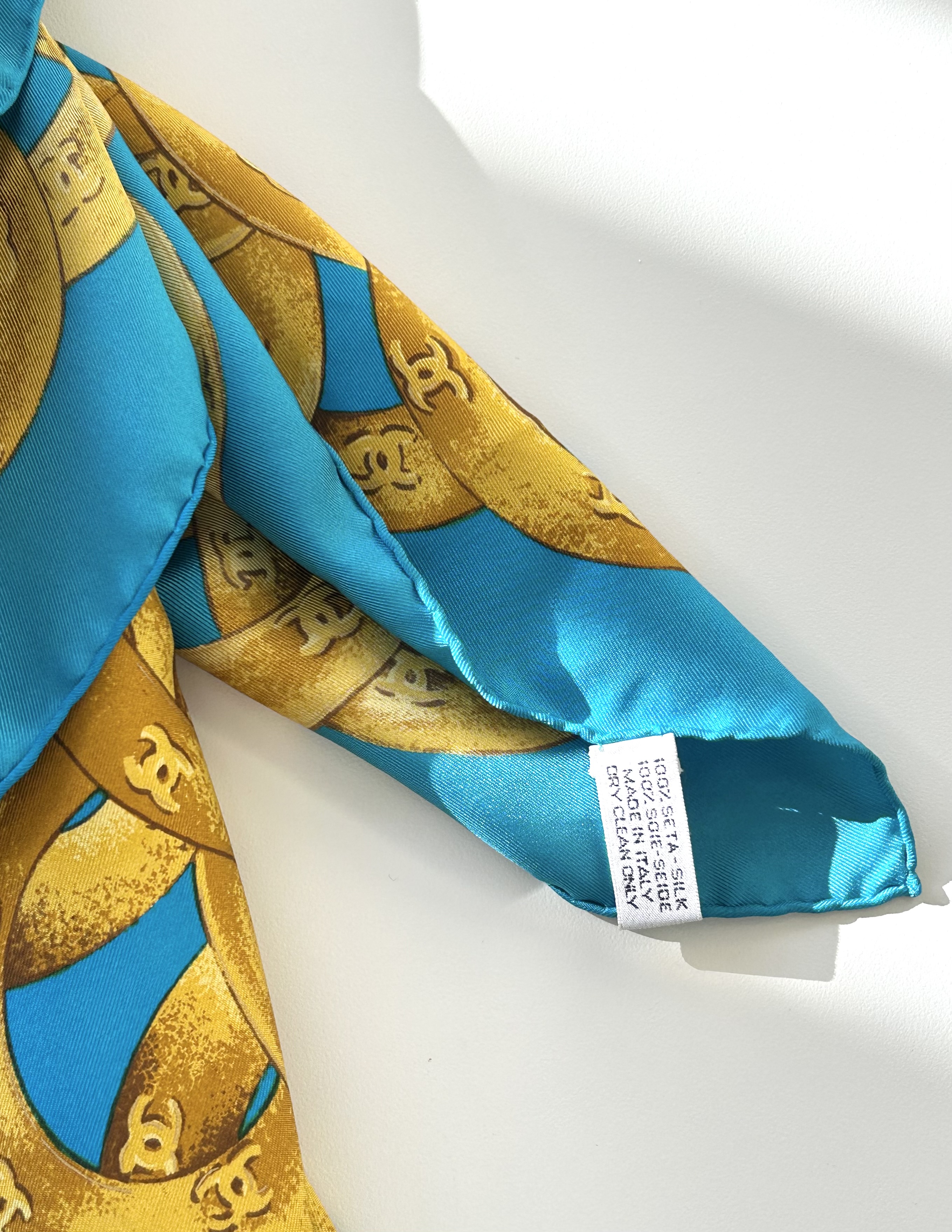 vintage CHANEL turquoise blue gold medal scarf