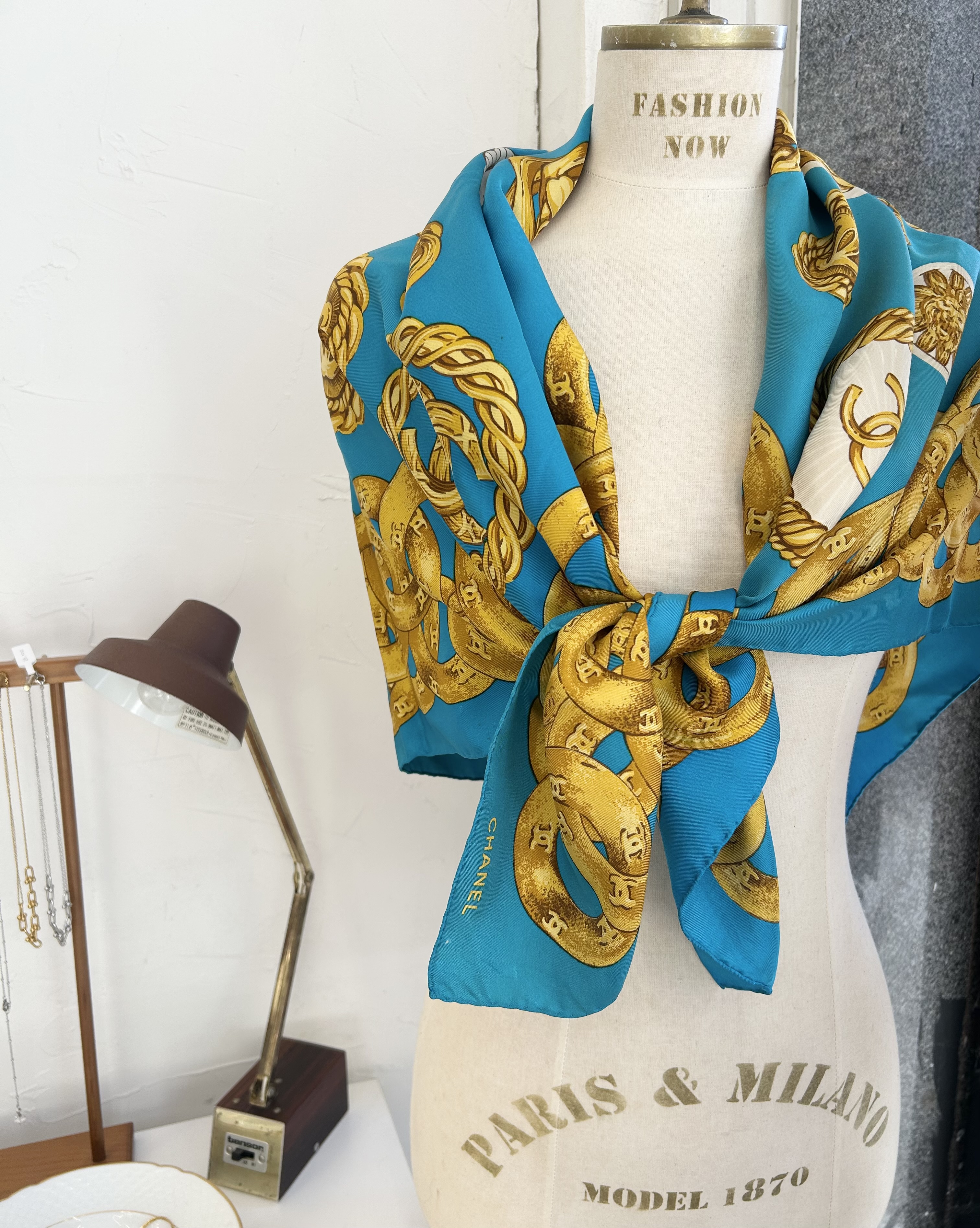 vintage CHANEL turquoise blue gold medal scarf