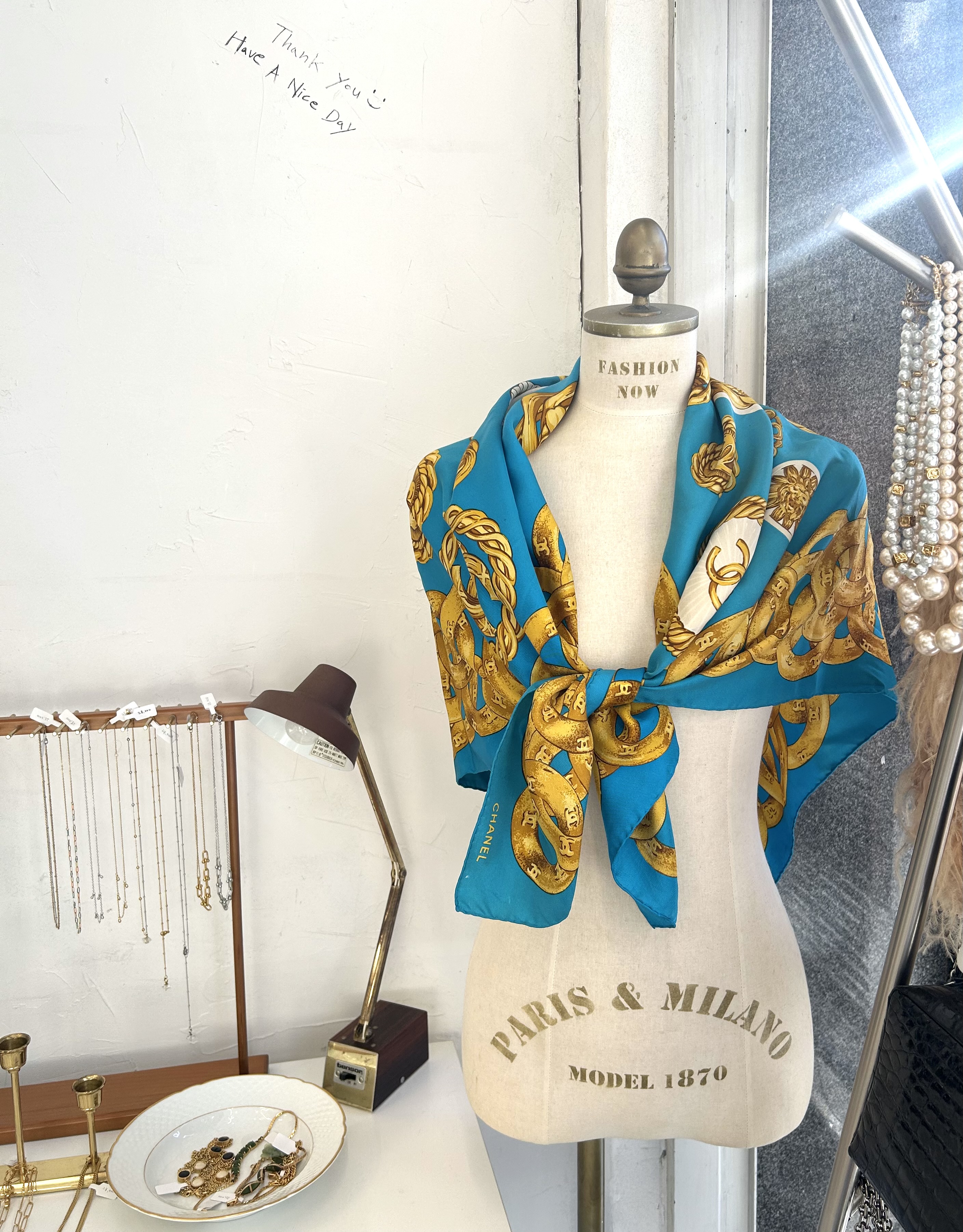 vintage CHANEL turquoise blue gold medal scarf