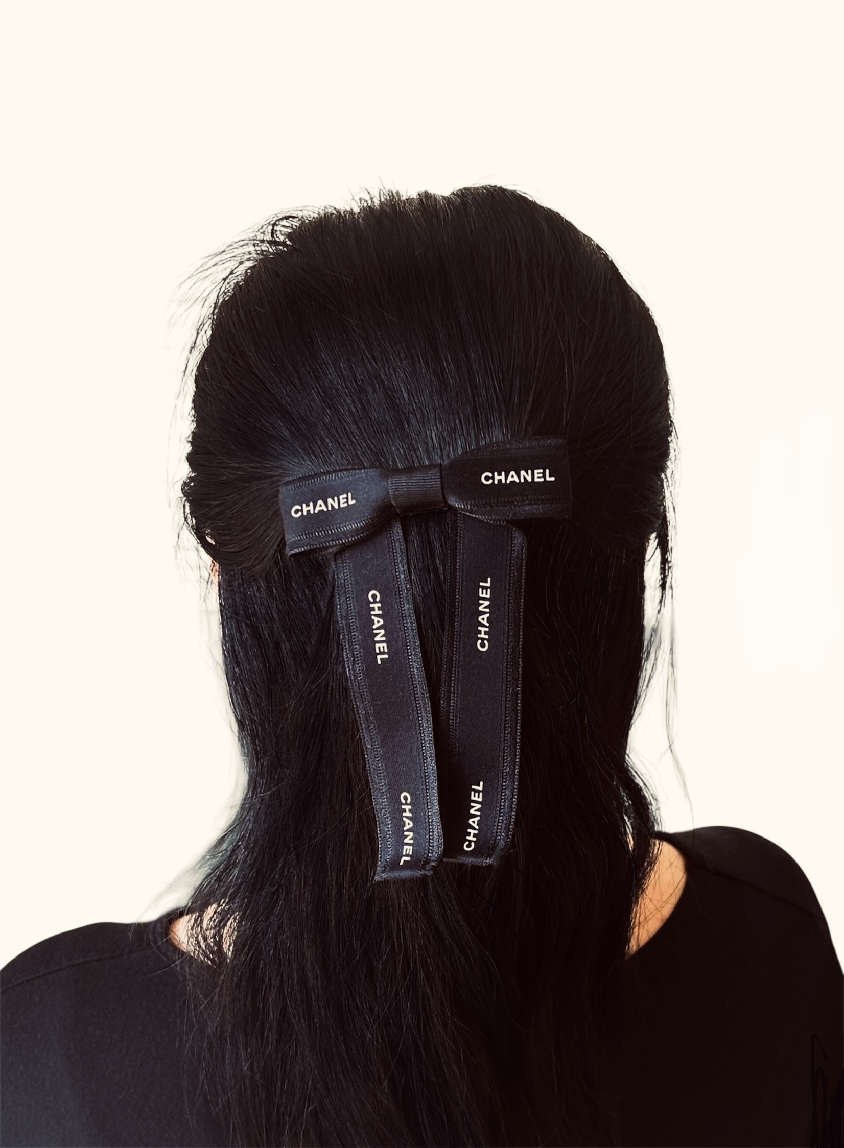 CHANEL black ribbon hair barrette no.91
