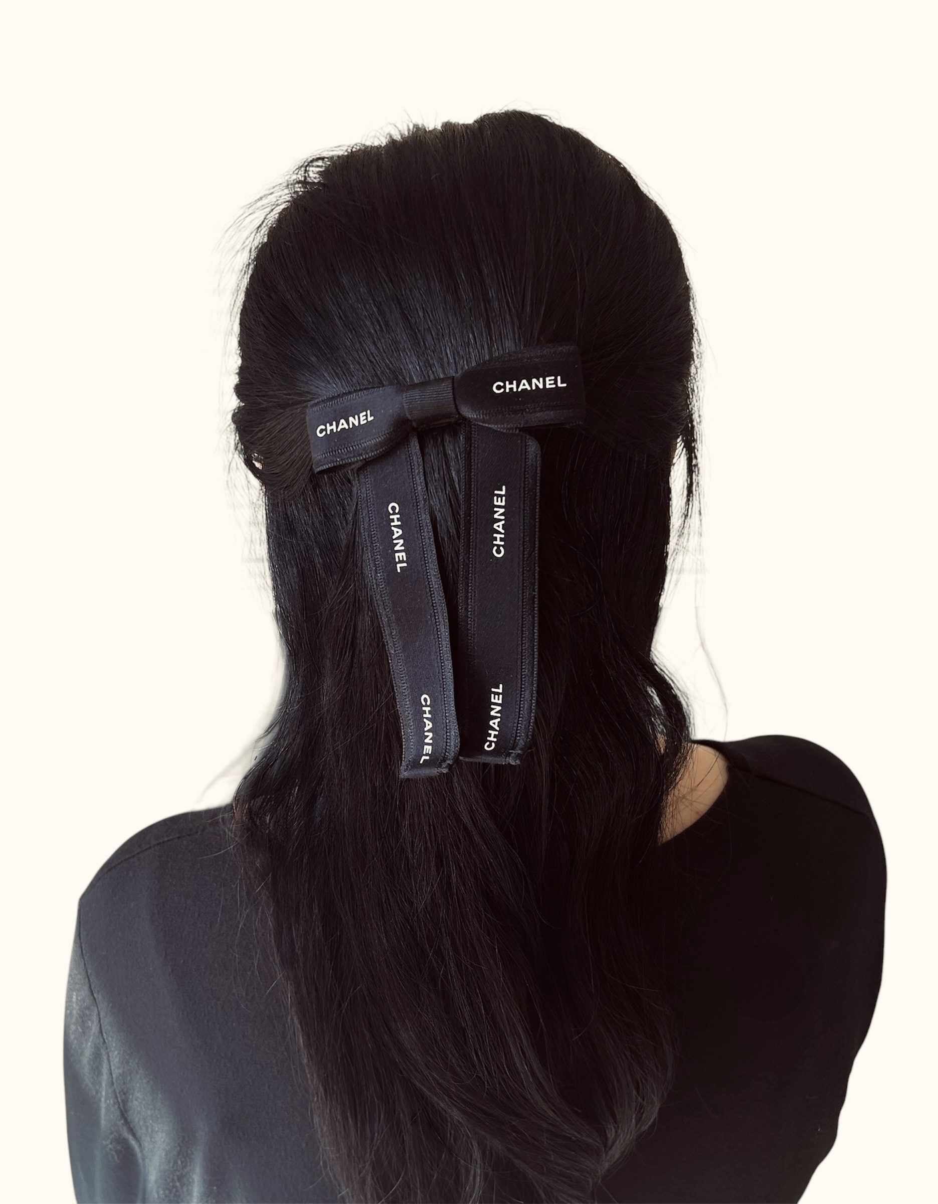 CHANEL black ribbon hair barrette no.91