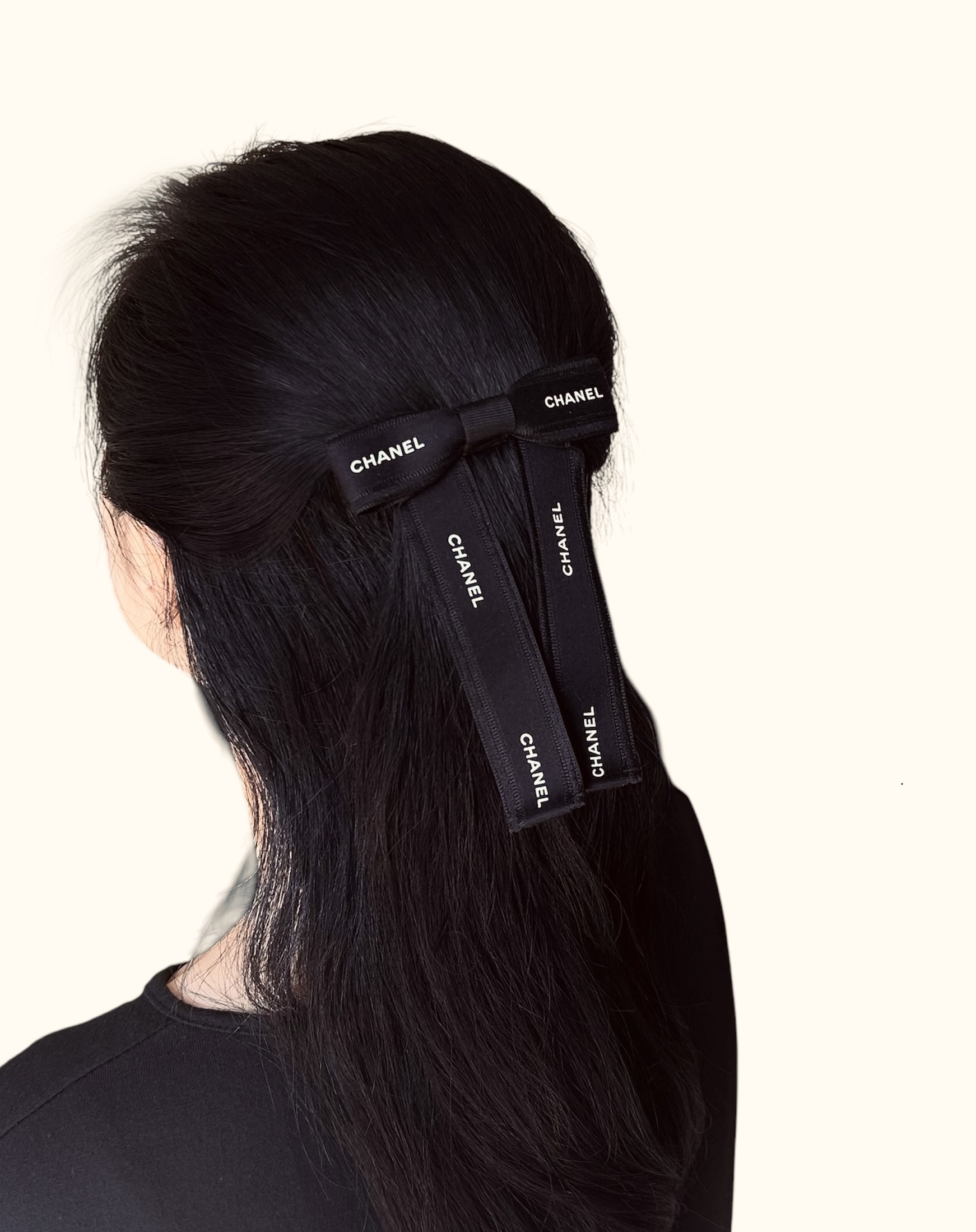 CHANEL black ribbon hair barrette no.91