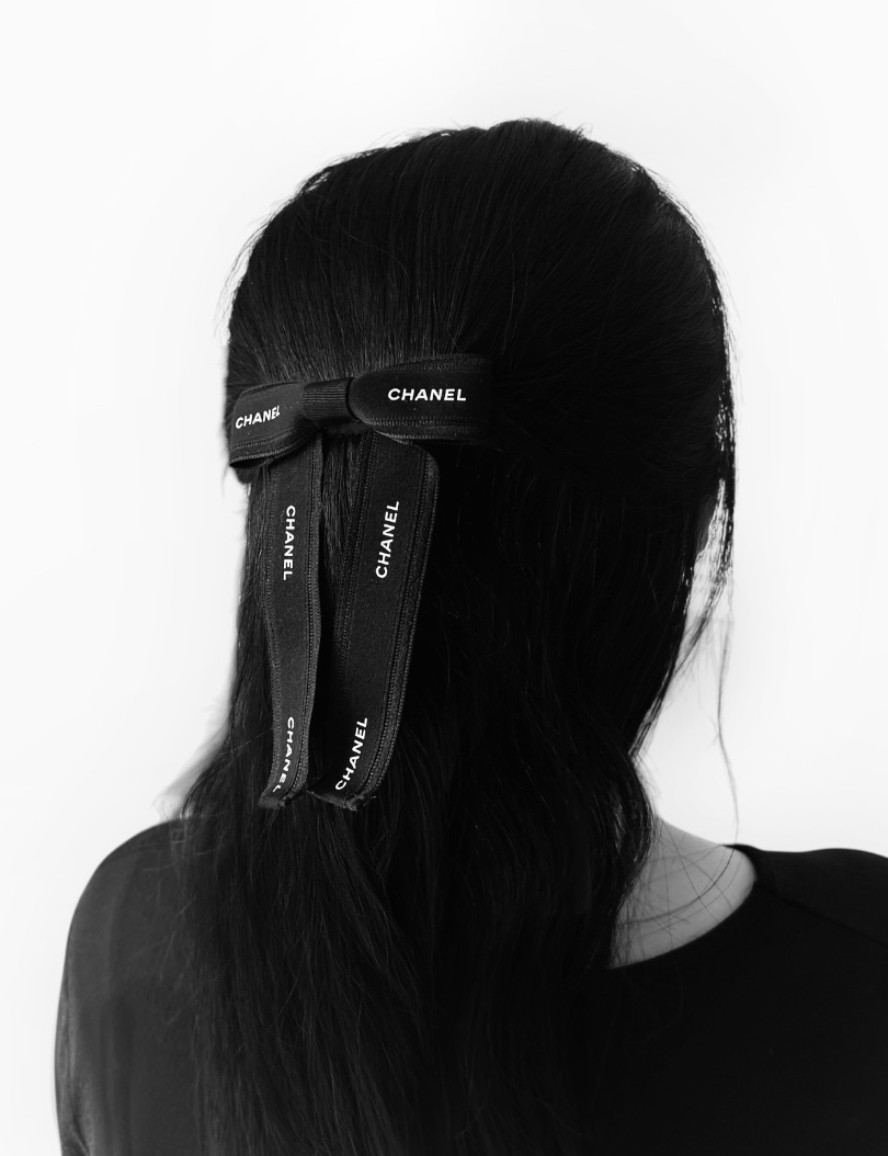 CHANEL black ribbon hair barrette no.91