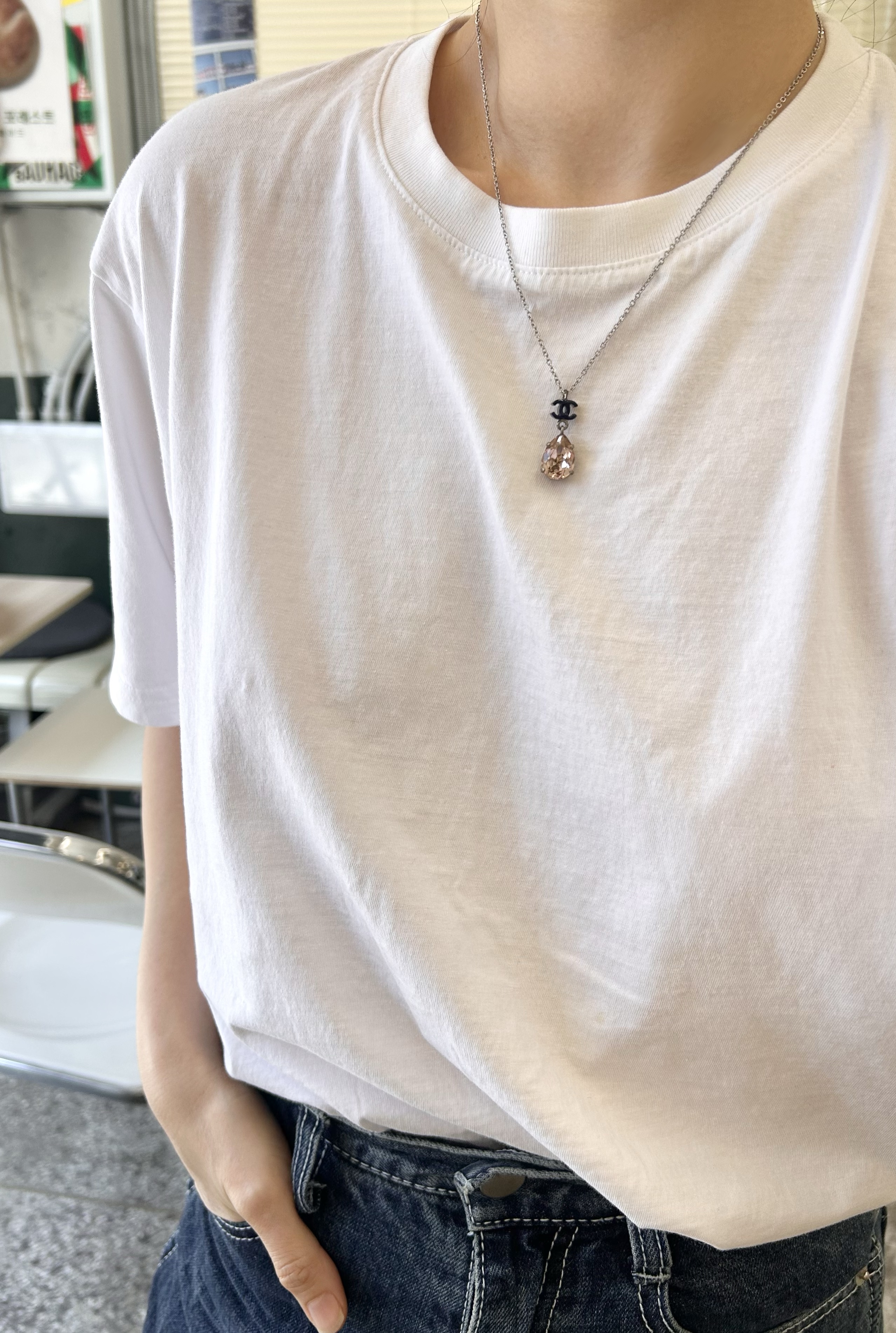 CHANEL pink crystal navy CC necklace