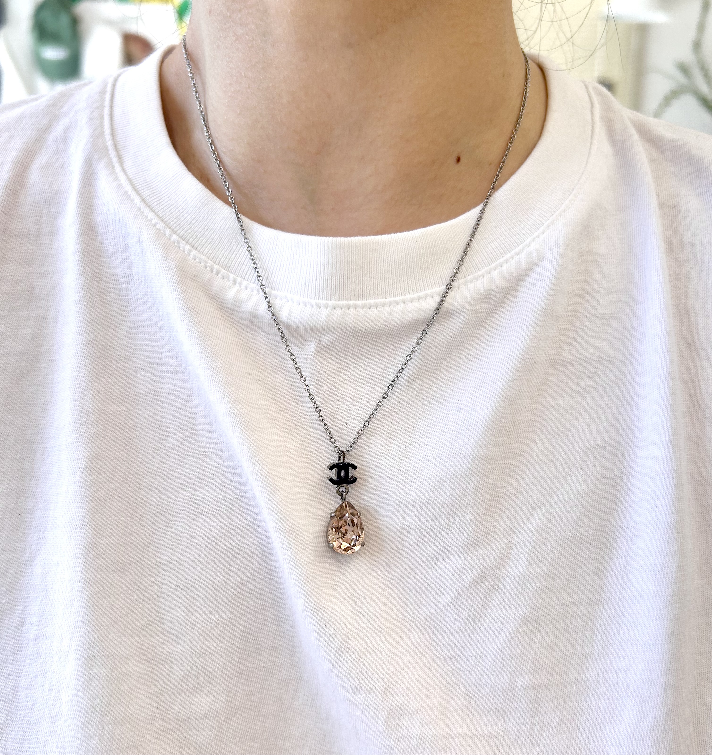 CHANEL pink crystal navy CC necklace