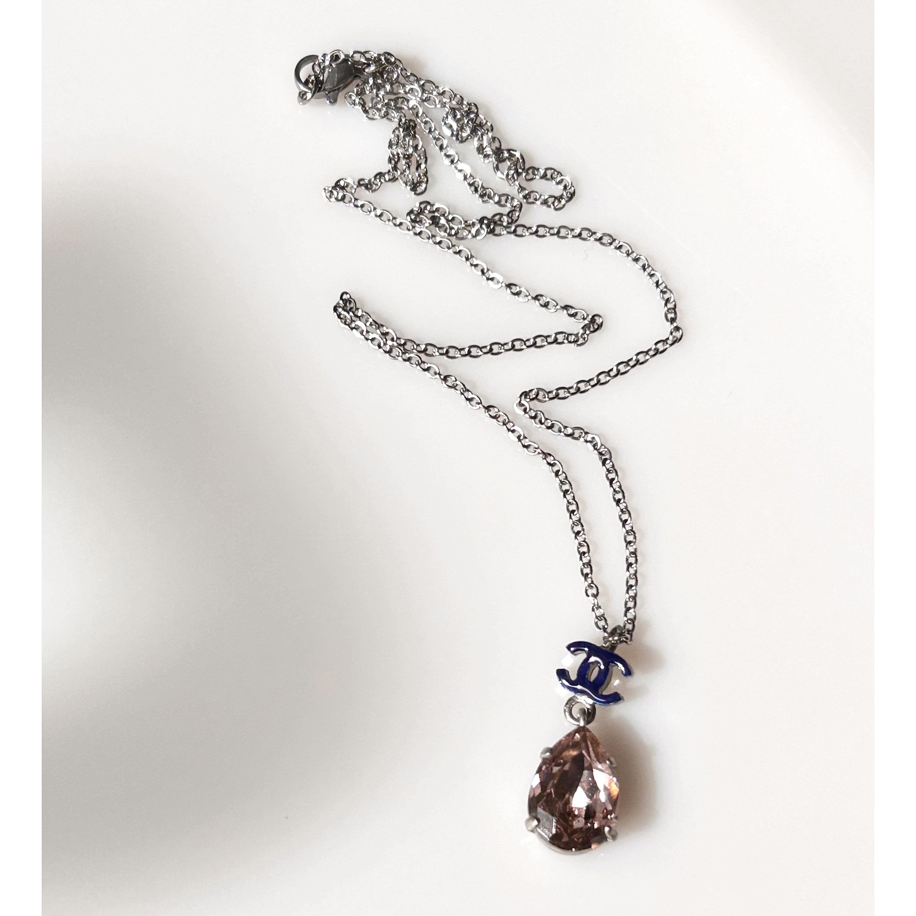 CHANEL pink crystal navy CC necklace
