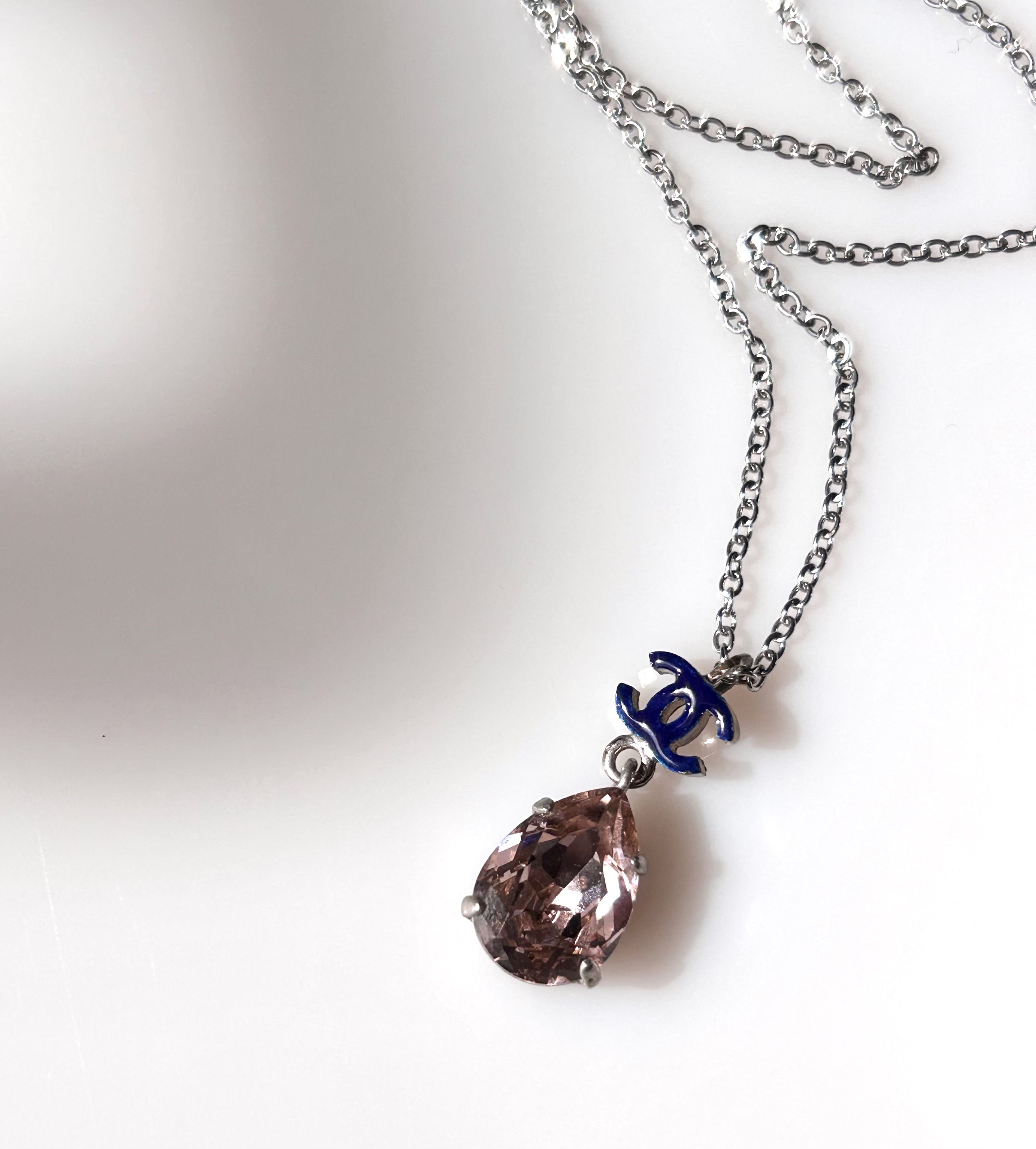 CHANEL pink crystal navy CC necklace