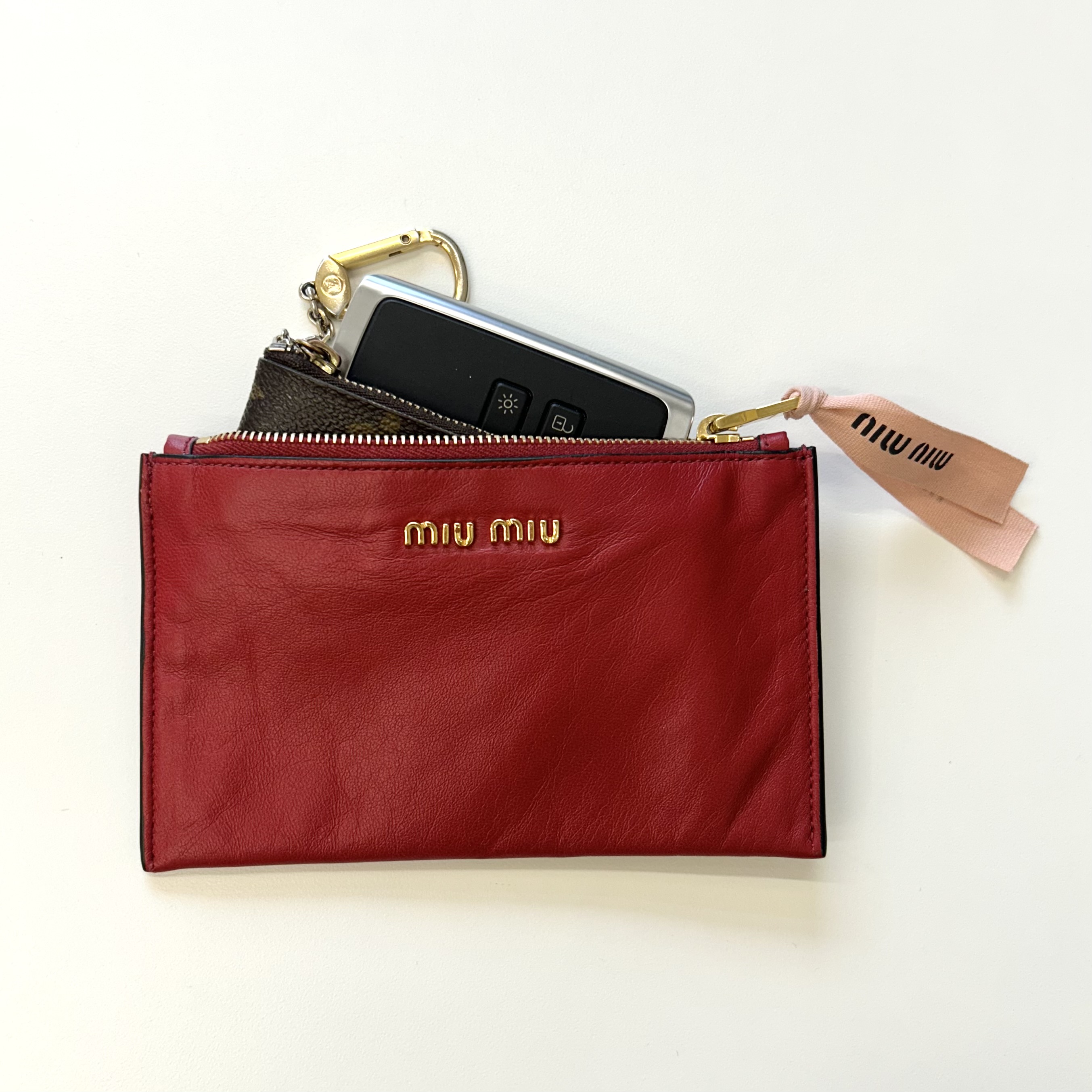 MIUMIU red lambskin mini pouch & Phone strap set
