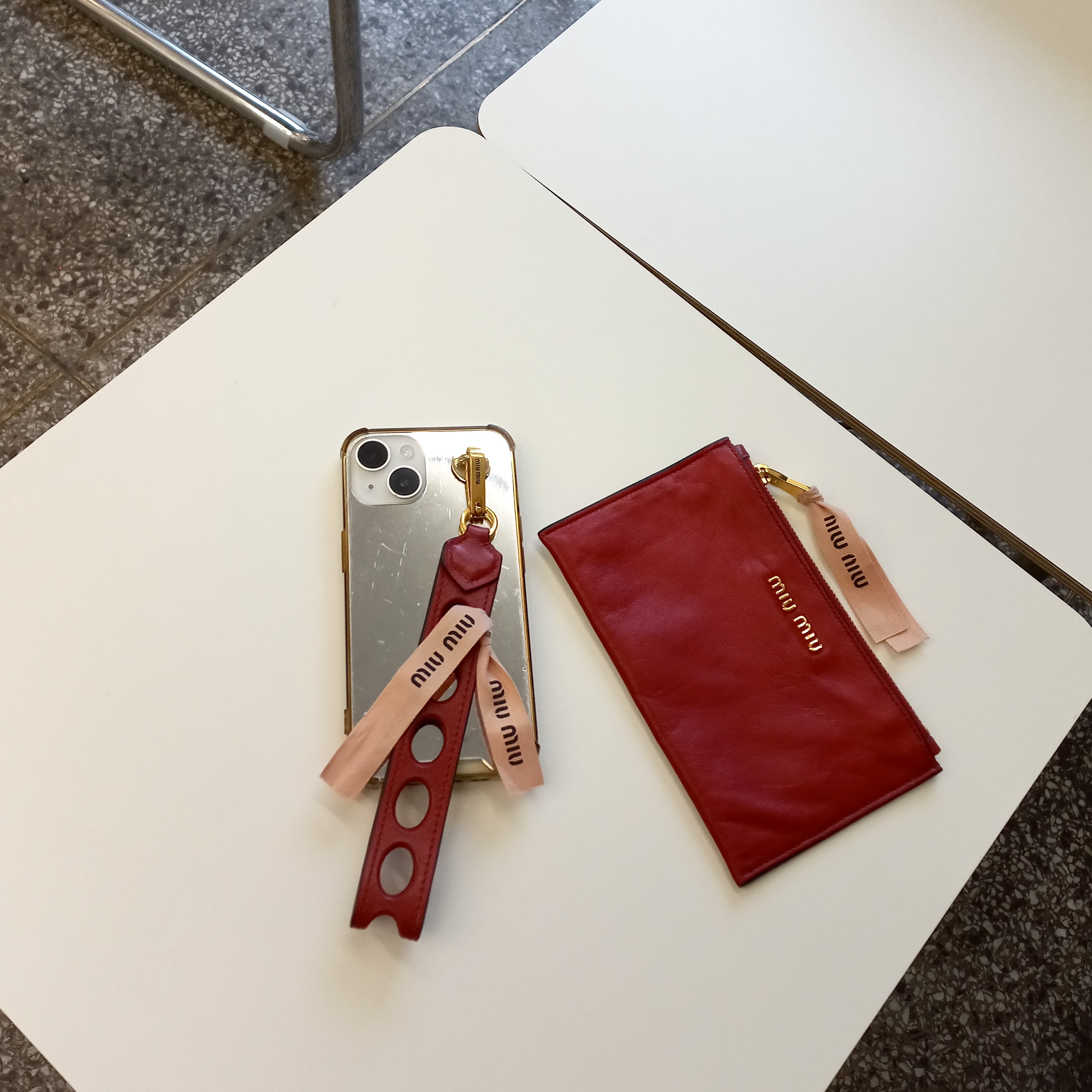 MIUMIU red lambskin mini pouch & Phone strap set