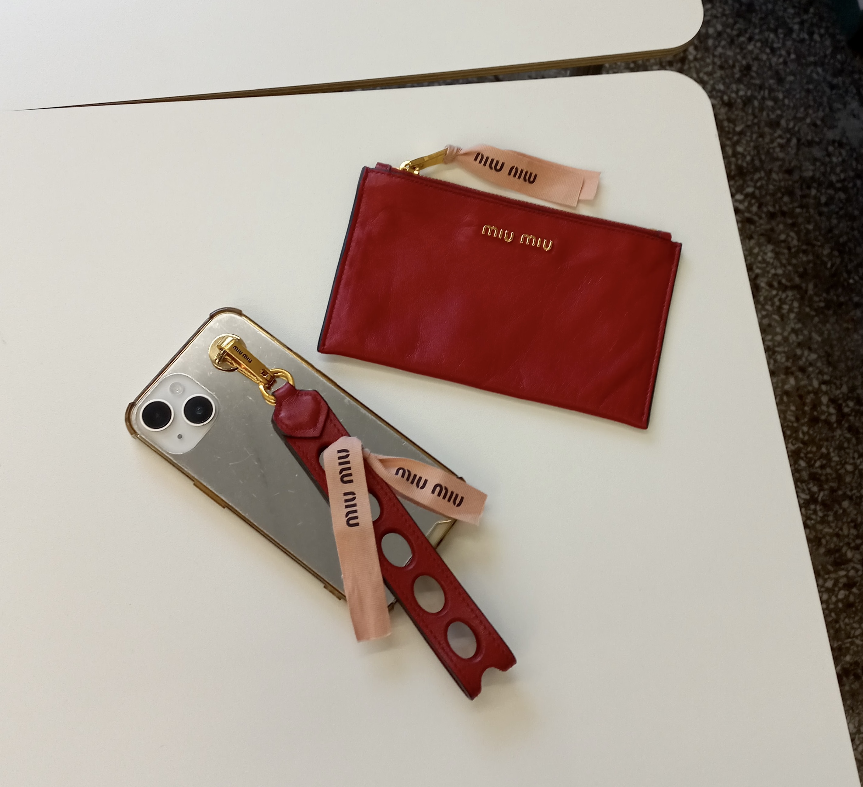MIUMIU red lambskin mini pouch & Phone strap set