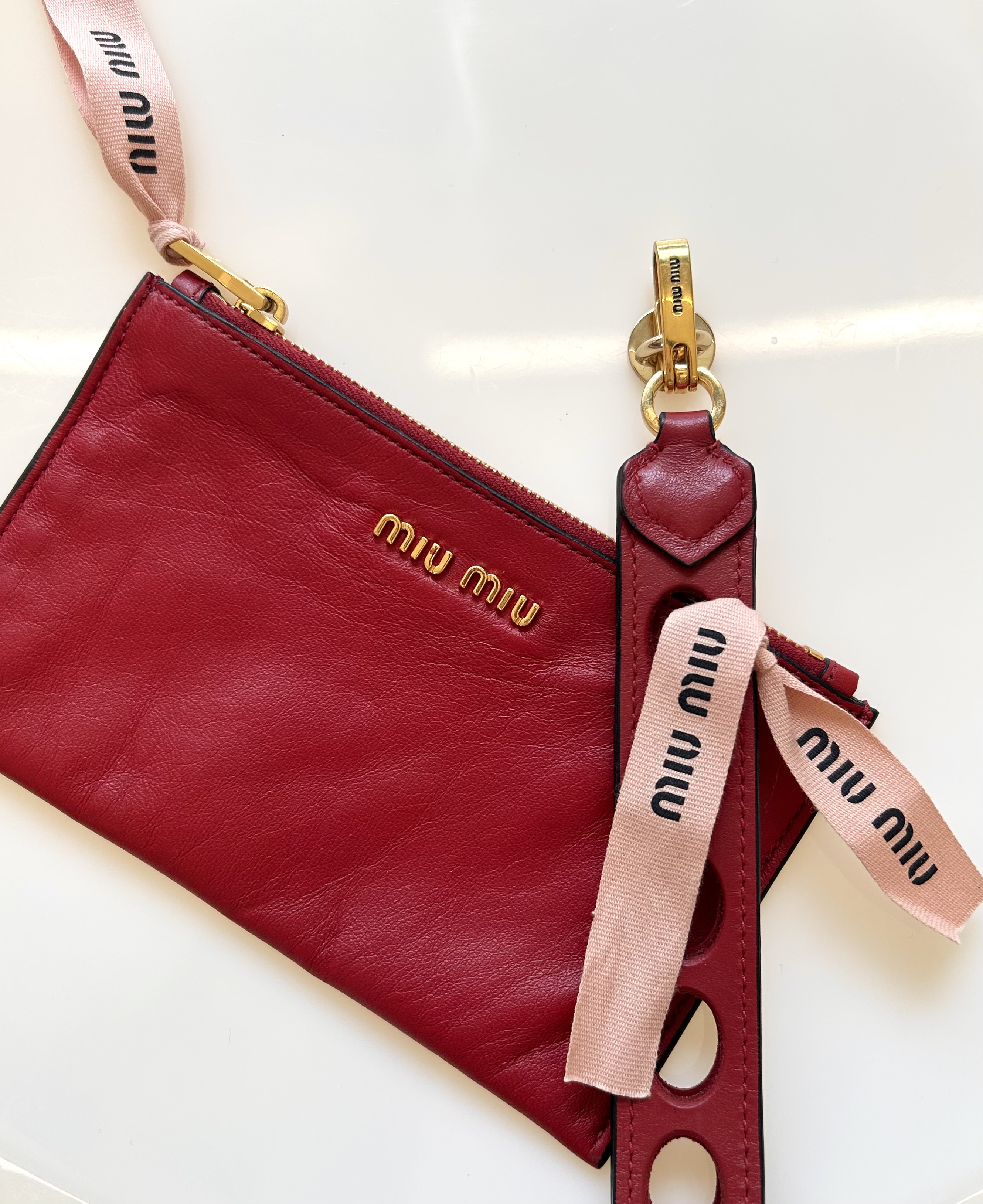 MIUMIU red lambskin mini pouch & Phone strap set