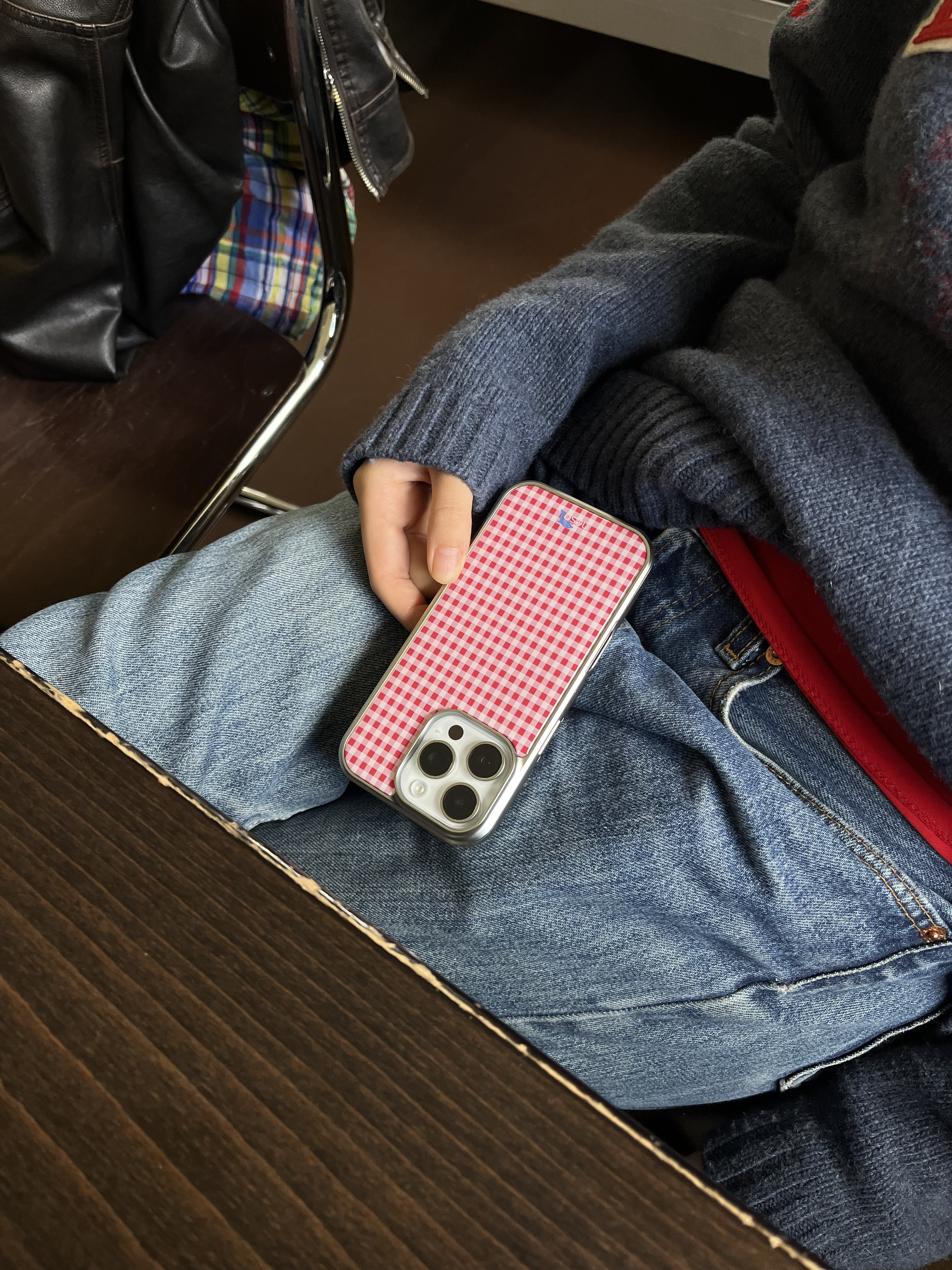 Gingham check silver epoxy case [RED]