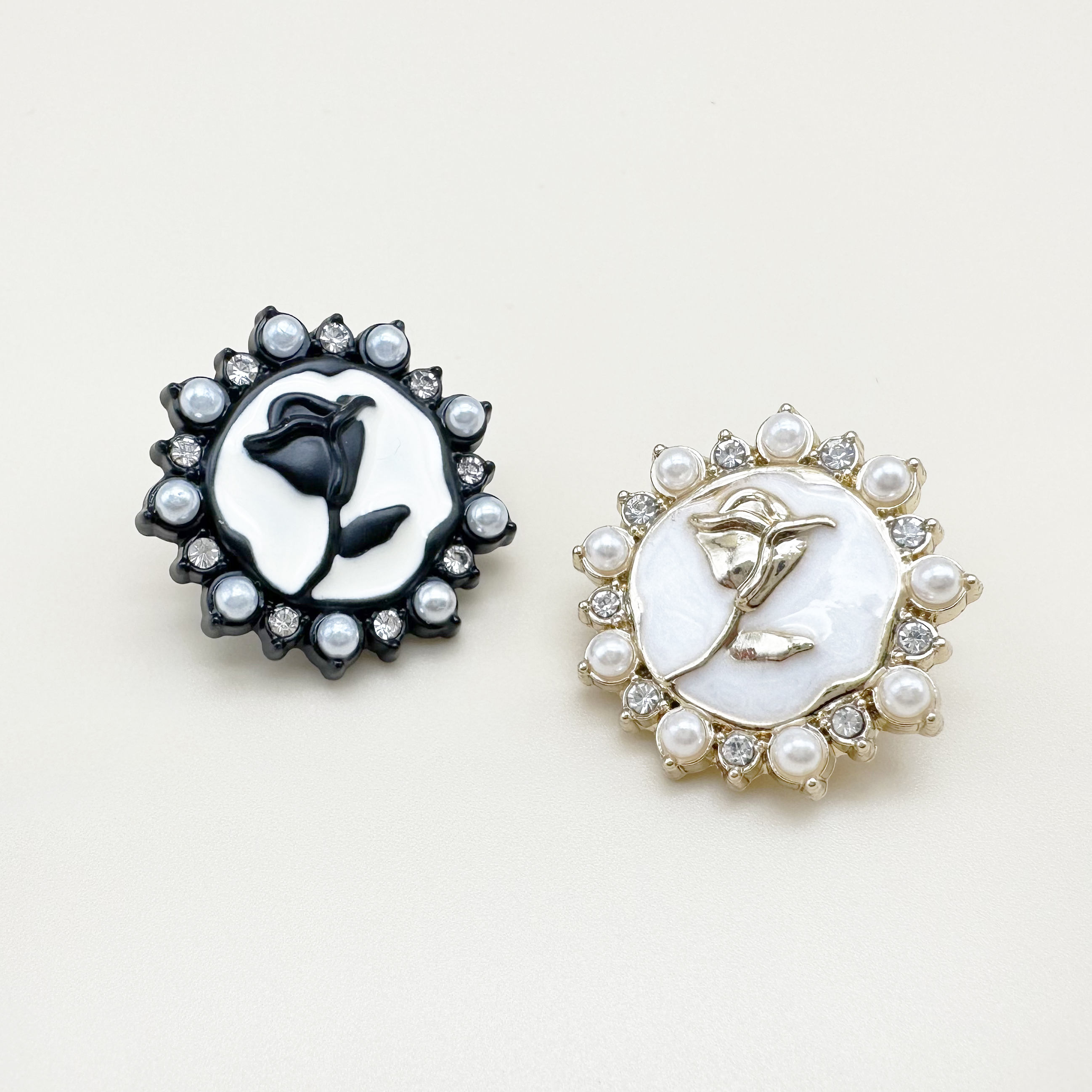 진주 보석 장미 꽃모양 금속 단추 12mm,18mm,23mm