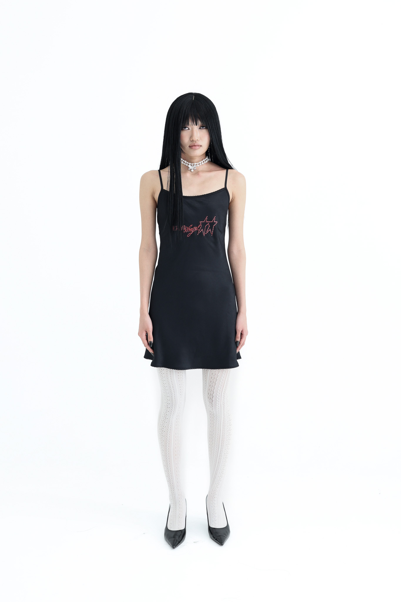 Satin Crystal Logo Dress - black