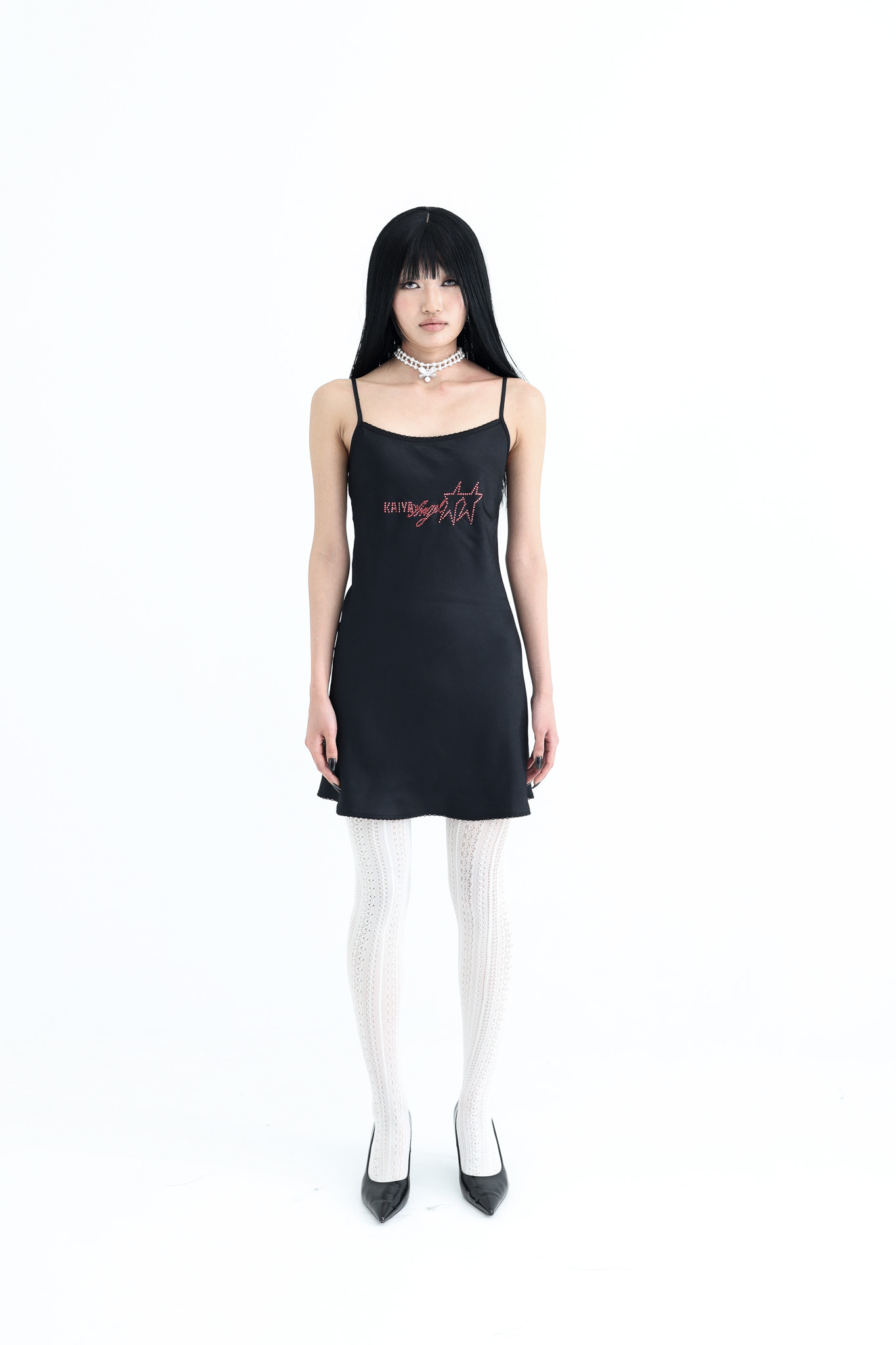 Satin Crystal Logo Dress - black