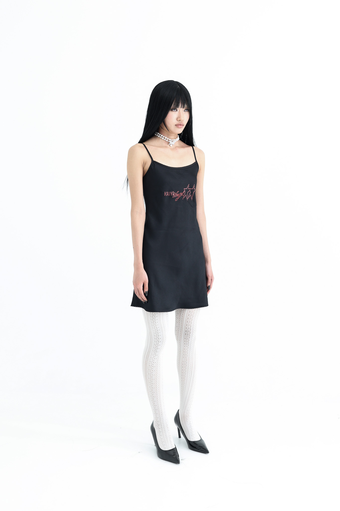 Satin Crystal Logo Dress - black