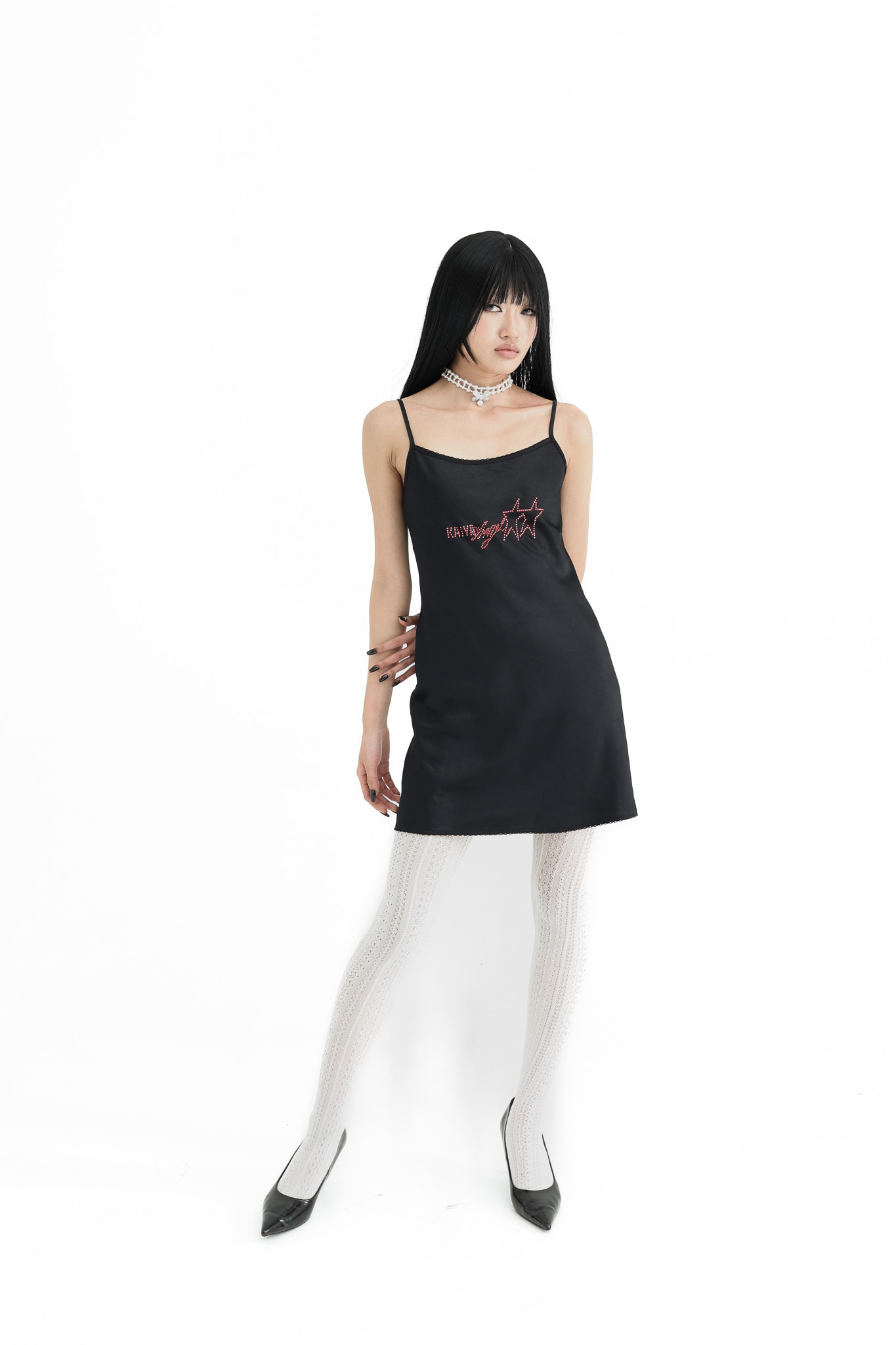 Satin Crystal Logo Dress - black