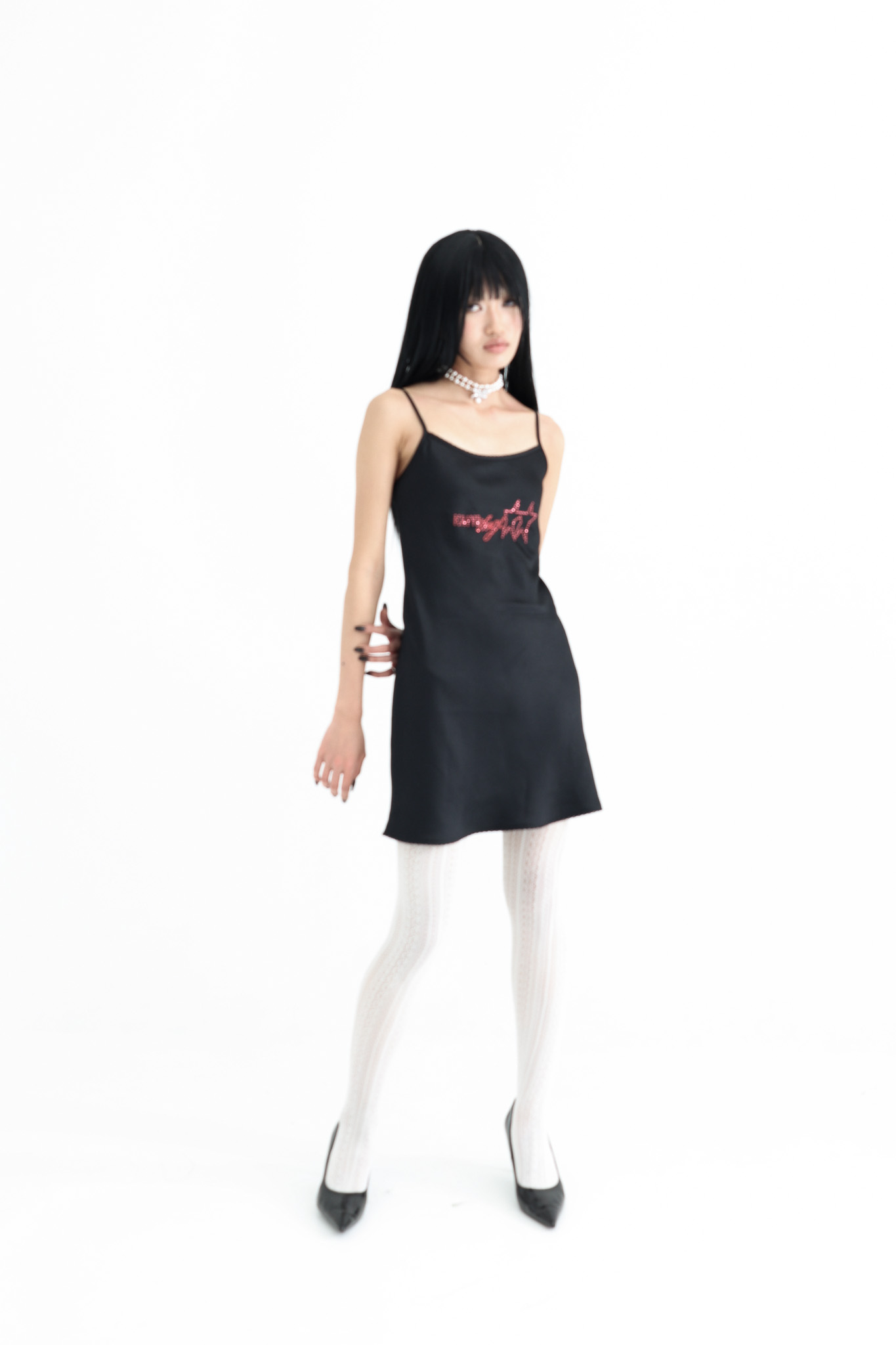 Satin Crystal Logo Dress - black