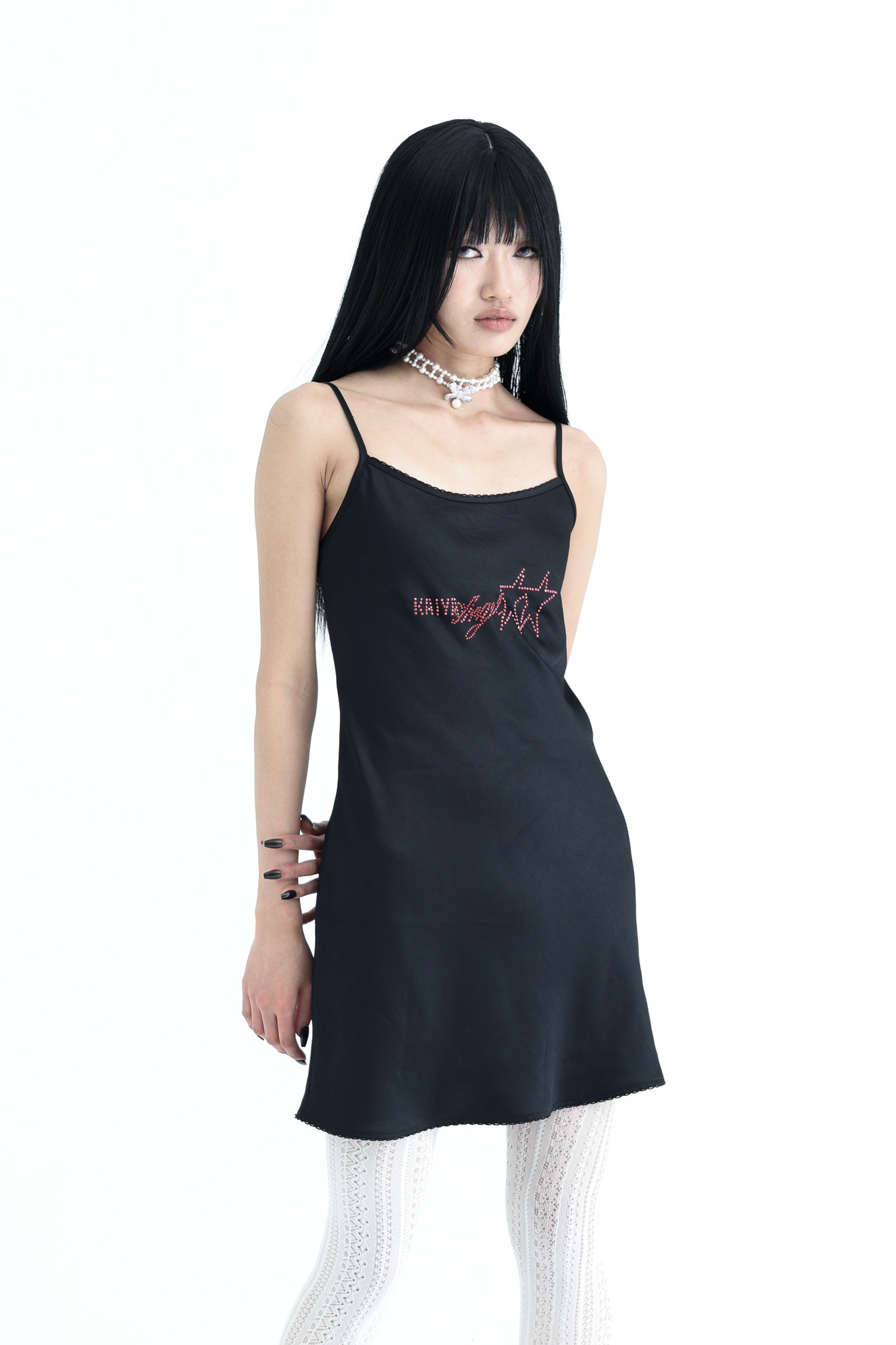 Satin Crystal Logo Dress - black