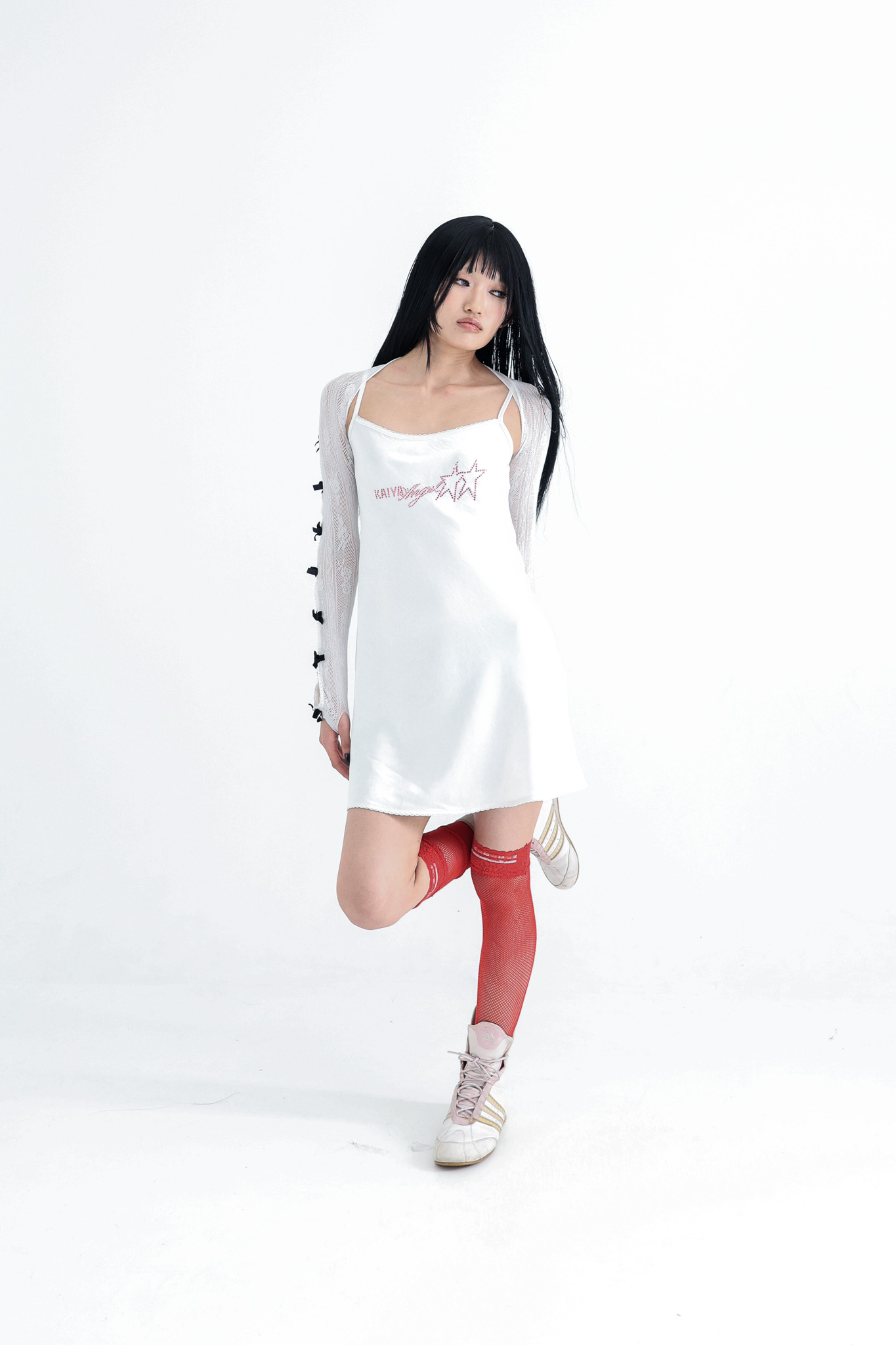 Satin Crystal Logo Dress - white
