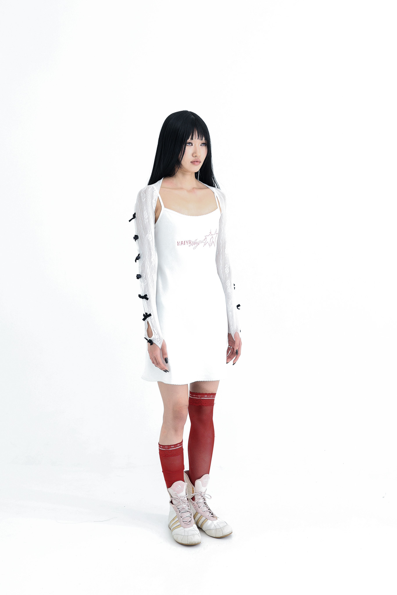 Satin Crystal Logo Dress - white