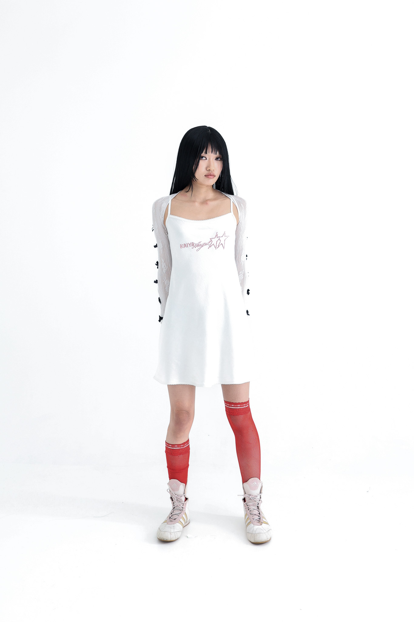 Satin Crystal Logo Dress - white
