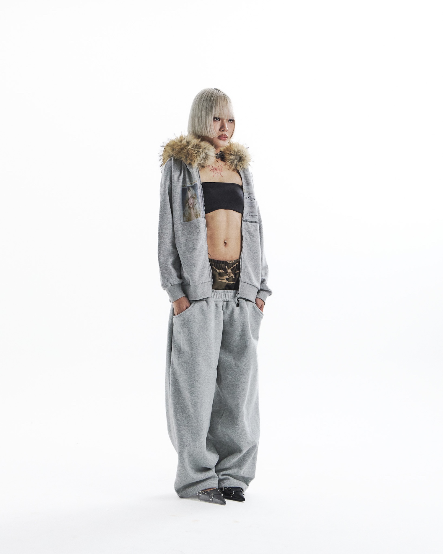 id card hooded zip-up- gray