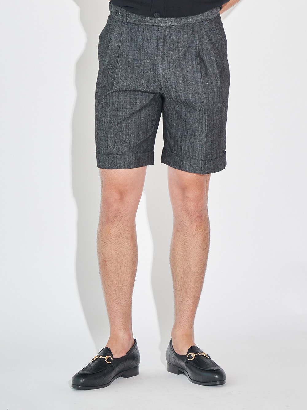 Tailored 2-Pleats Half Pants #013 [Black denim]