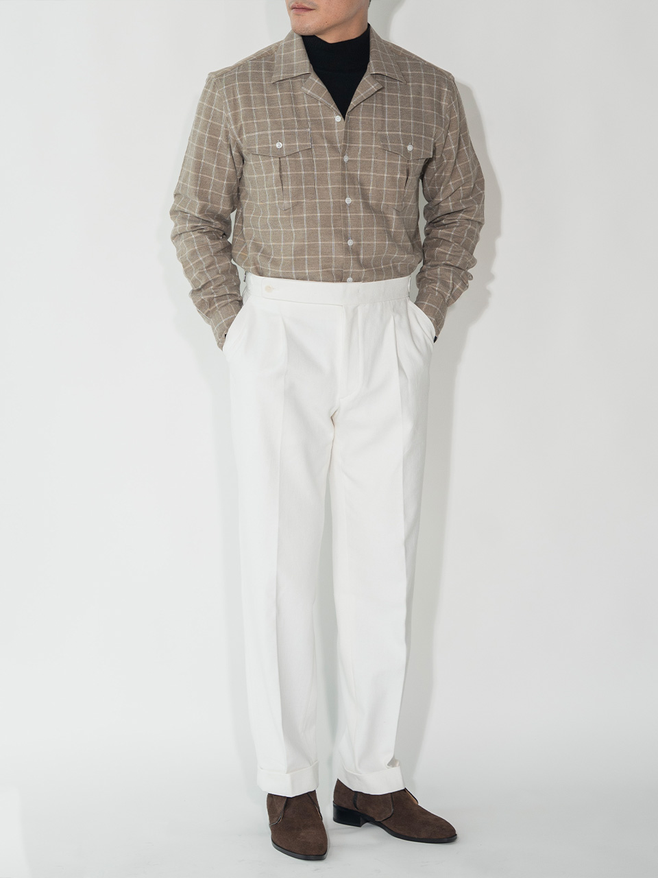 Open-collar Shirts #018 [Beige check flannel]