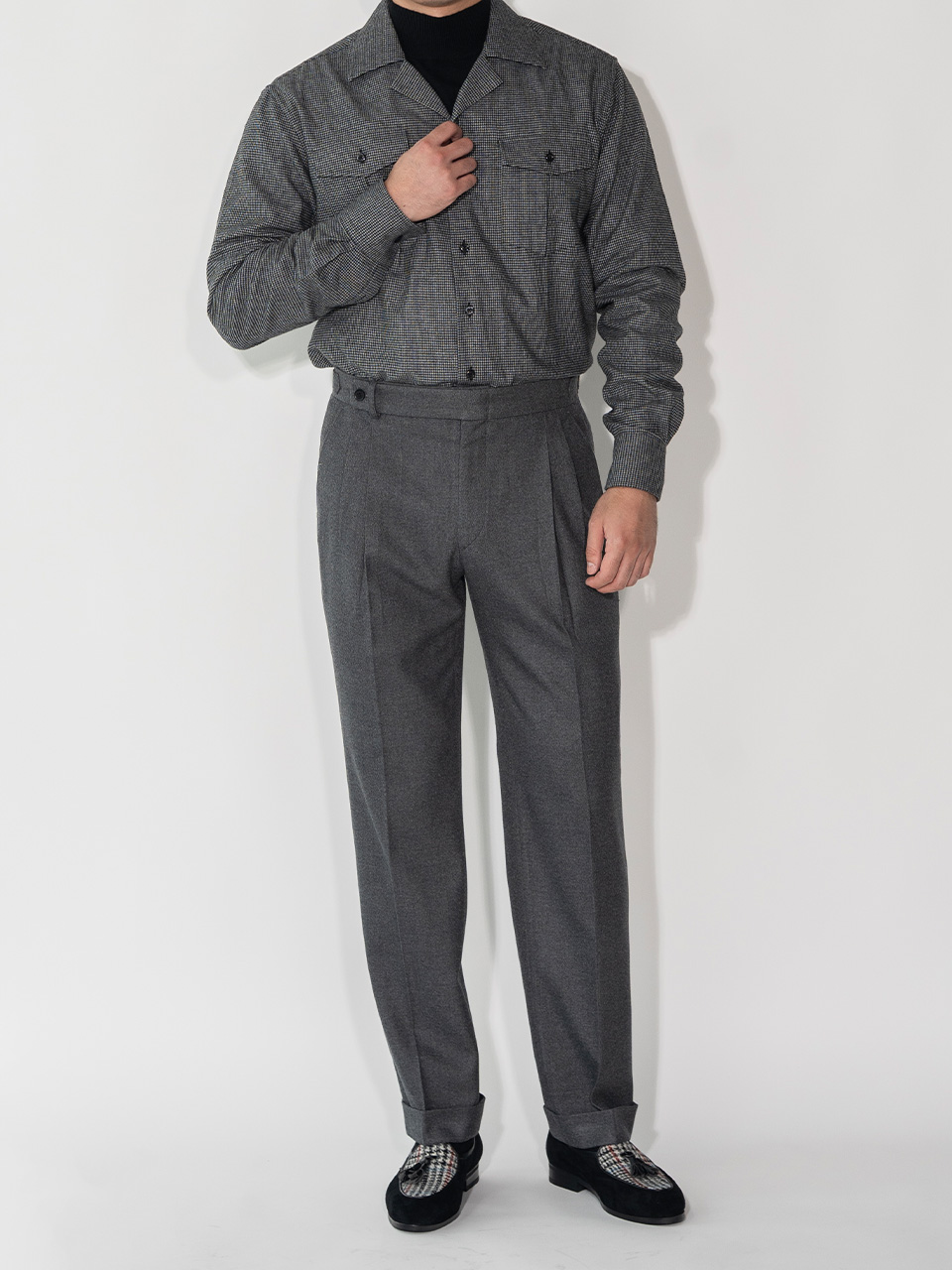 Open-collar Shirts #018 [Black herringbone flannel]