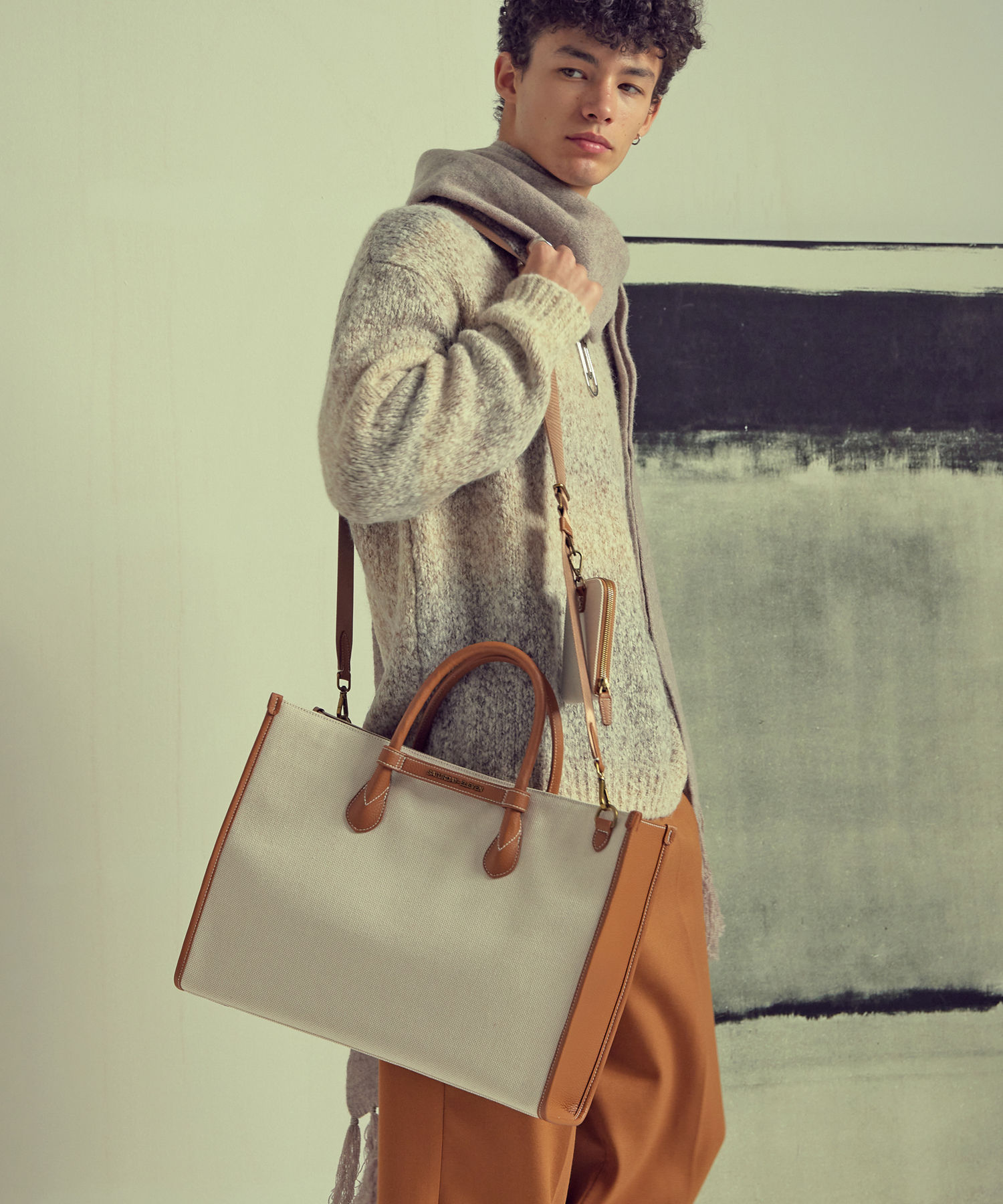 NO.6 BROWN IVORY TWO-TONE CANVAS AND LEATHER BRIDGE TOTE BAG