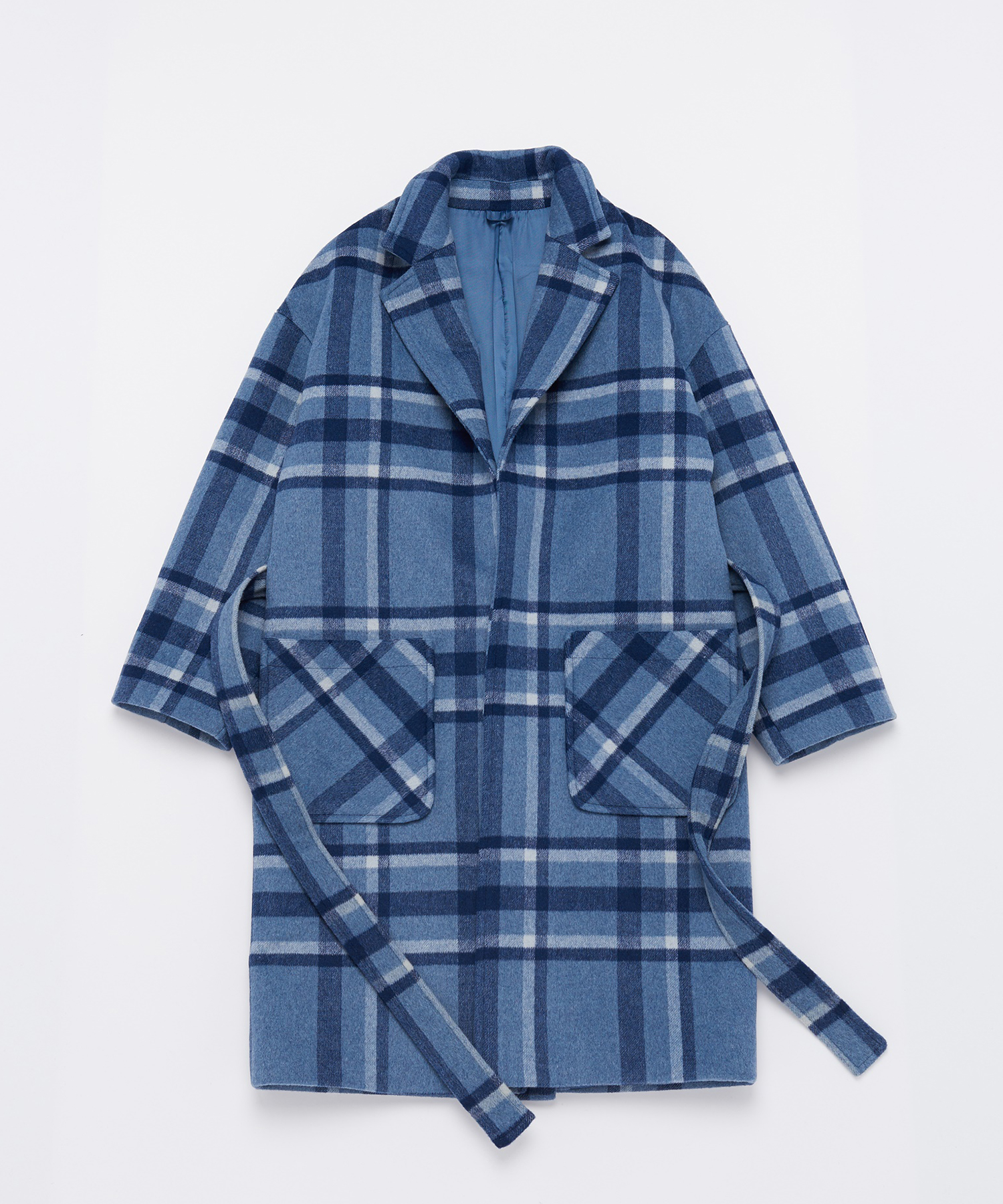 OVERSIZE WOOL CHECK ROBE COAT (Blue)