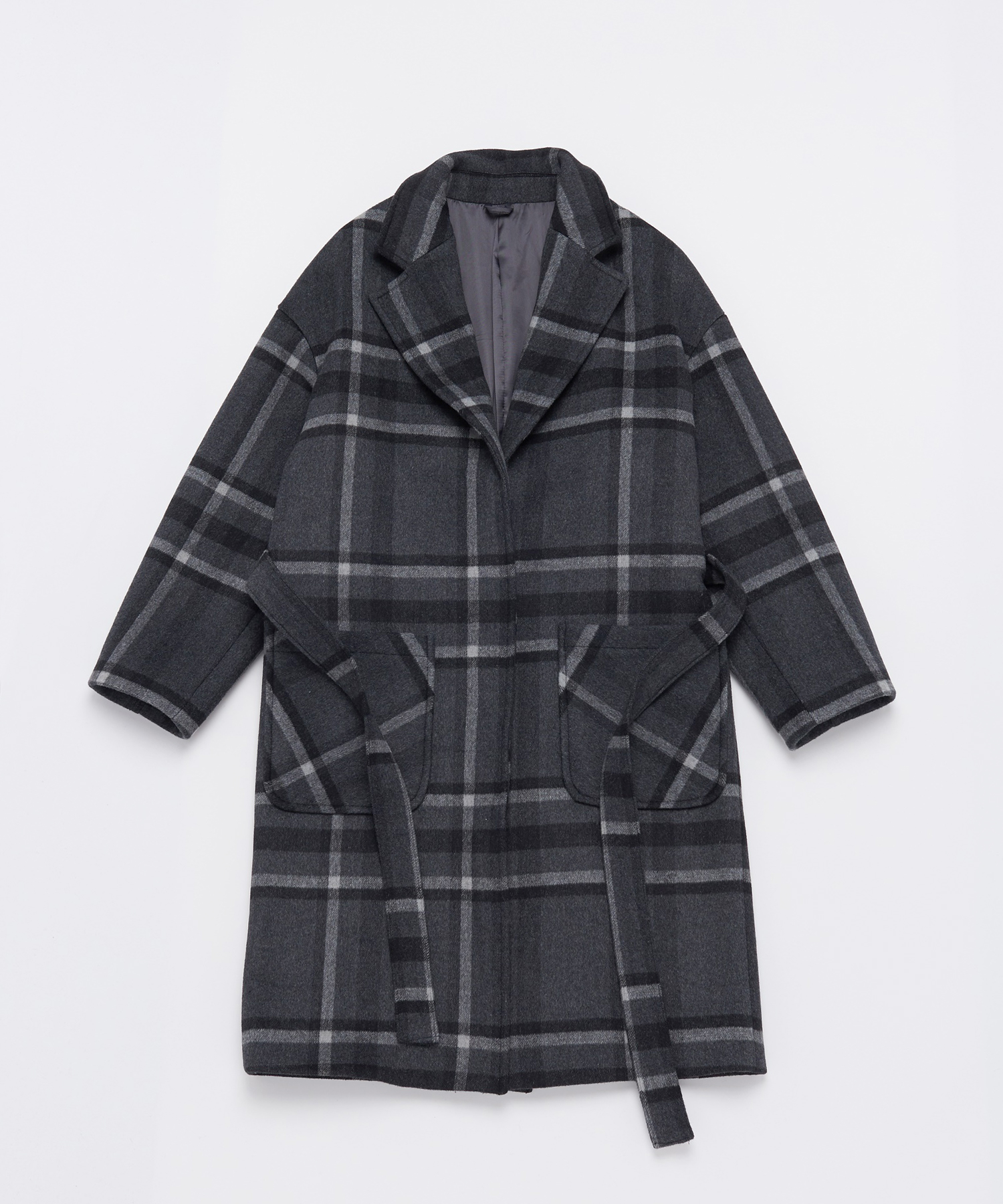 OVERSIZE WOOL CHECK ROBE COAT (Charcoal)