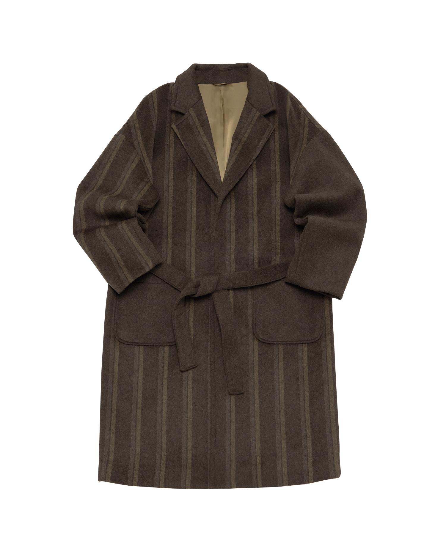 STRIPE COMBINATION WOOL ROBE COAT (Brown)