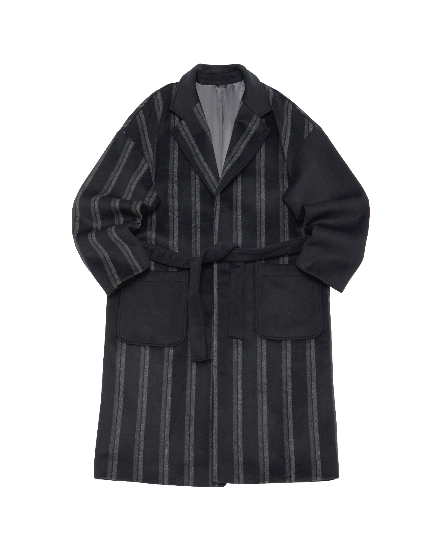 STRIPE COMBINATION WOOL ROBE COAT (Black)