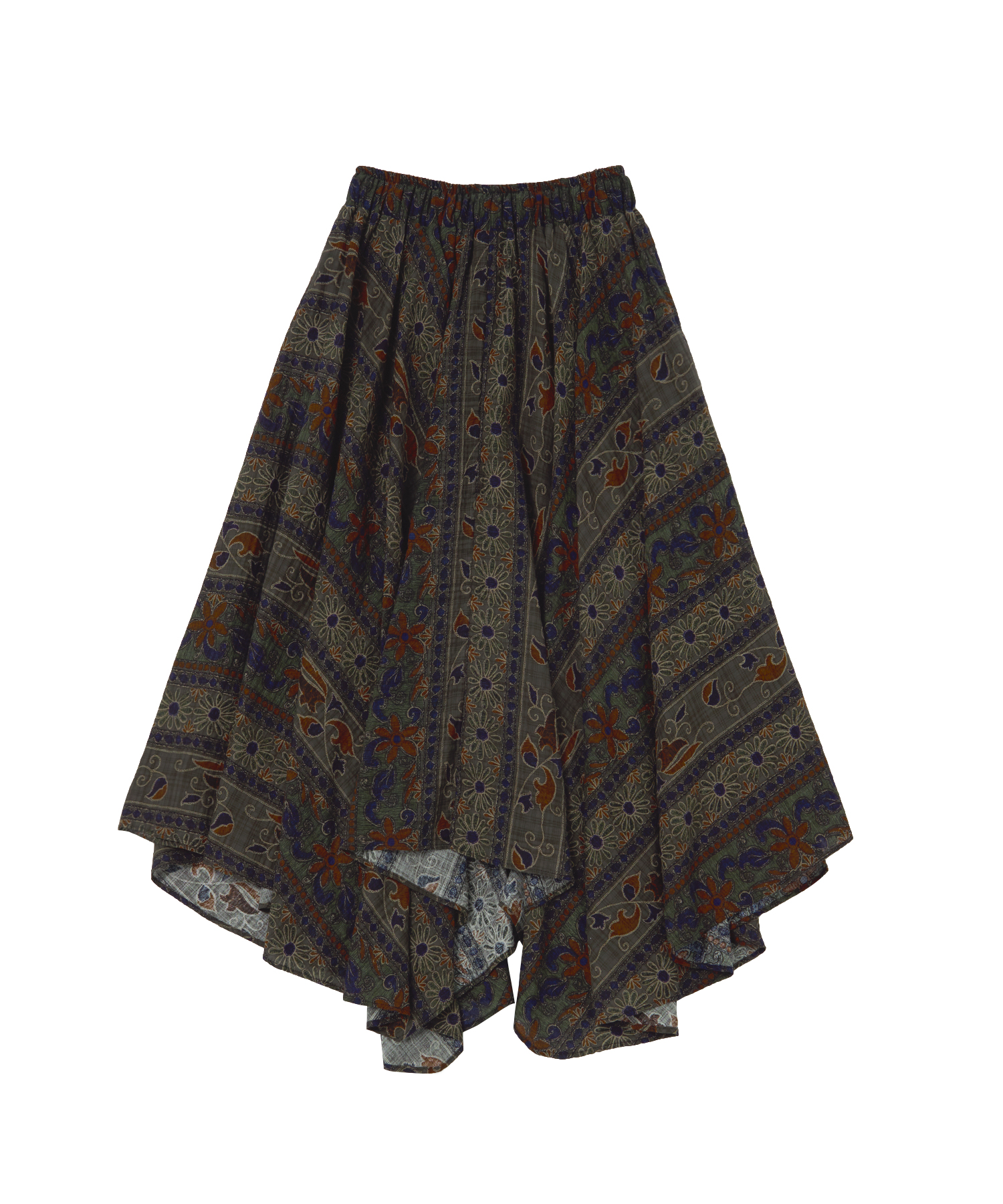 WOOD-CUT UNBALANCE FLARE SKIRT (Khaki)