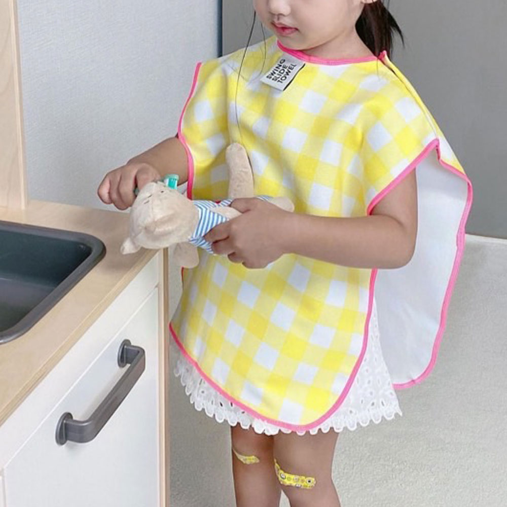 [워시업 빕] 깅엄체크 옐로우 입는 세안타월 턱받이 타올
