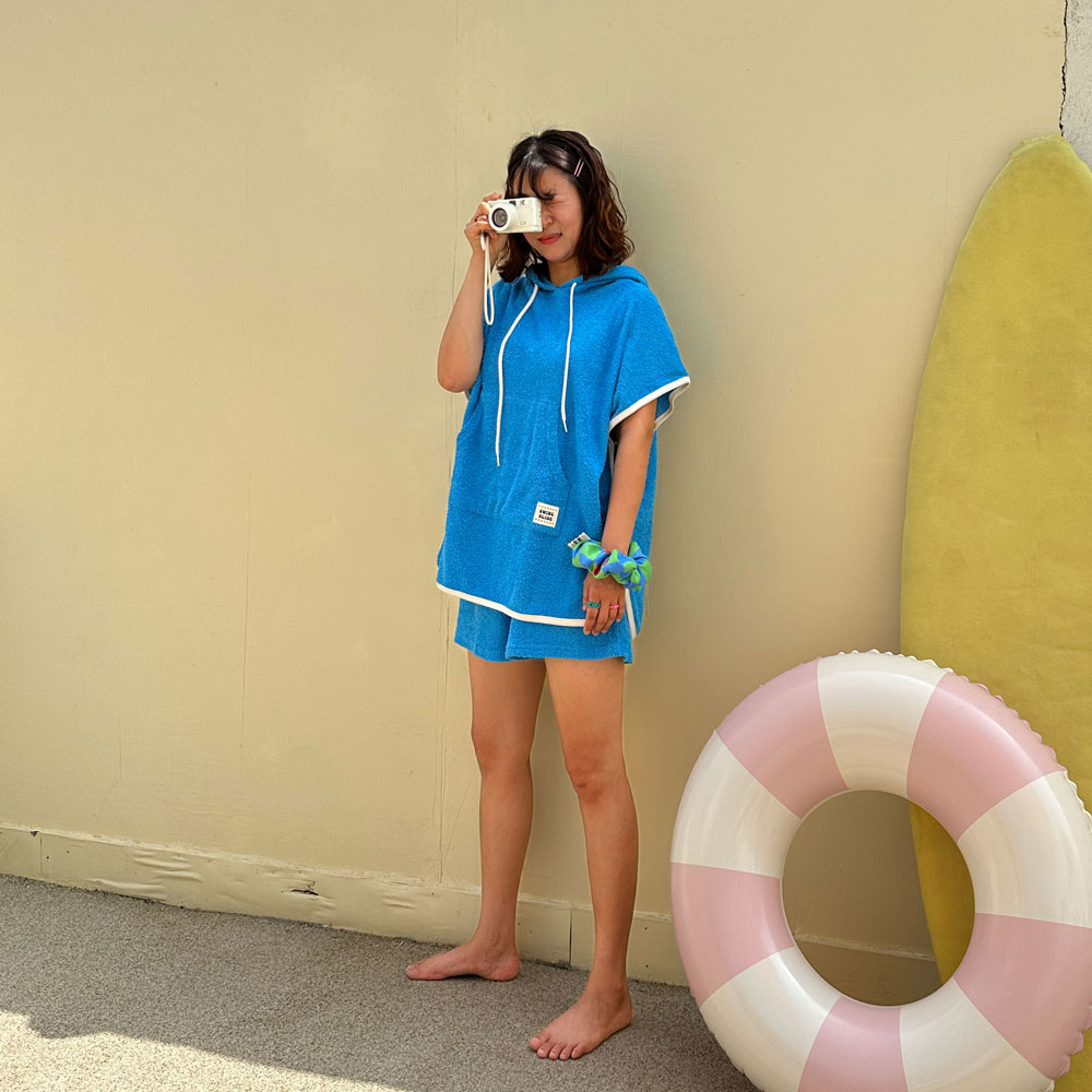 [비치웨어] 테리 블루 셋업 비치웨어 판초 반바지 세트