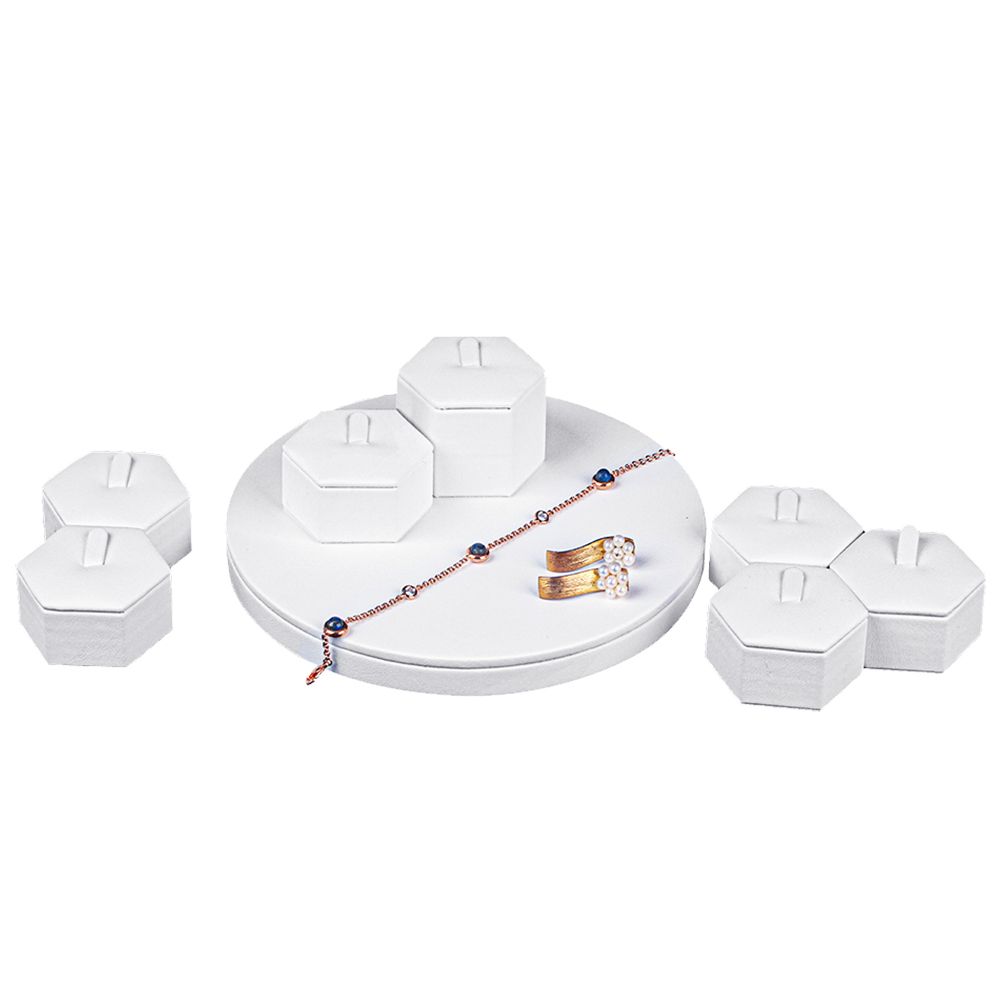 인조가죽 원형 육각 7종 반지 진열대 화이트 16x16x5cm