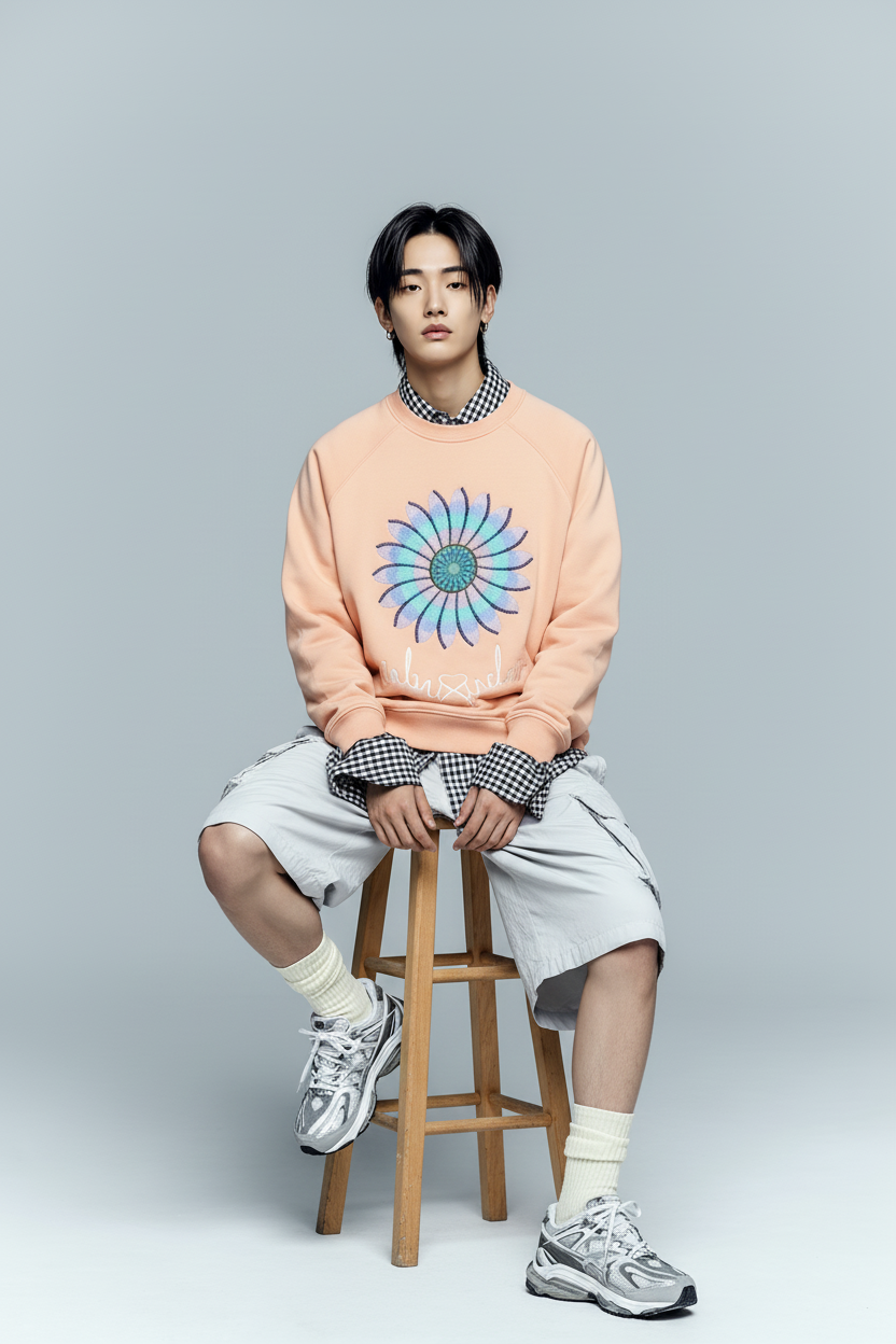 싱클레어 해바라기 자수 시그니쳐 스웻셔츠 피치코랄 오버핏 빅사이즈 긴팔 맨투맨