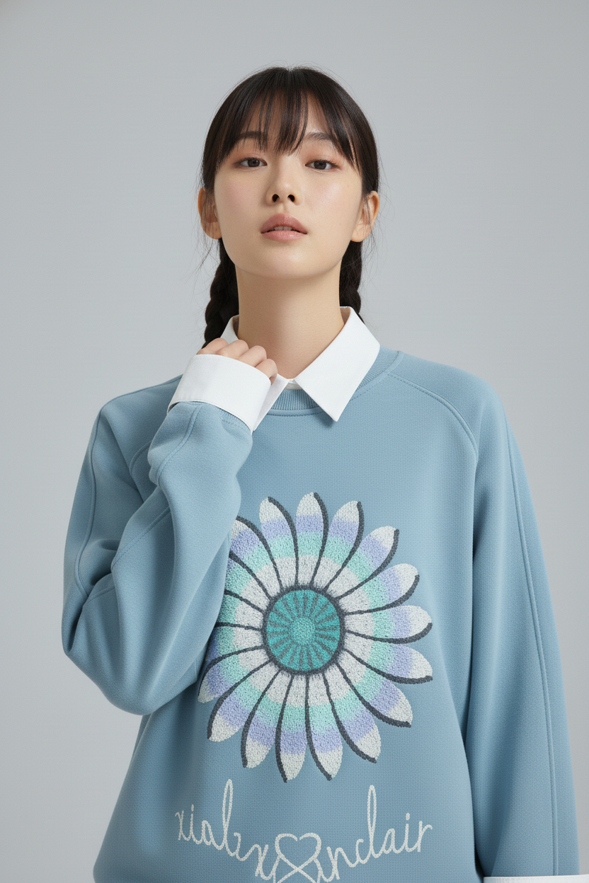 싱클레어 해바라기 자수 시그니쳐 스웻셔츠 블루그레이 오버핏 빅사이즈 긴팔 맨투맨