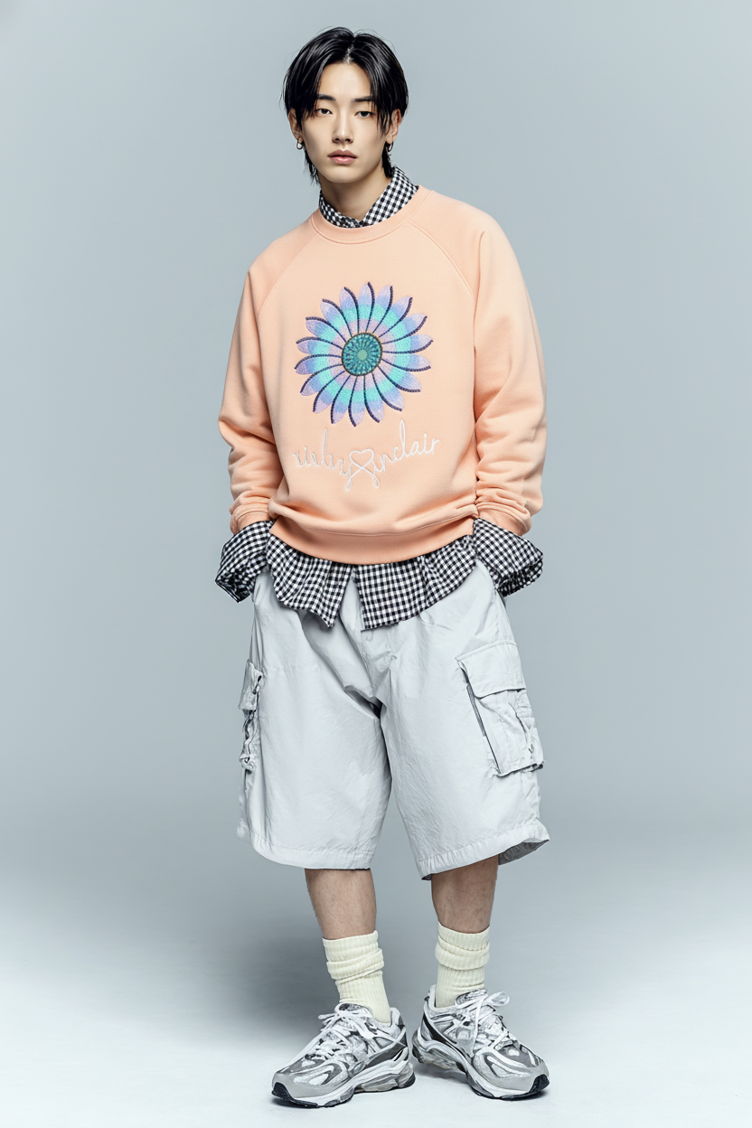 싱클레어 해바라기 자수 시그니쳐 스웻셔츠 피치코랄 오버핏 빅사이즈 긴팔 맨투맨