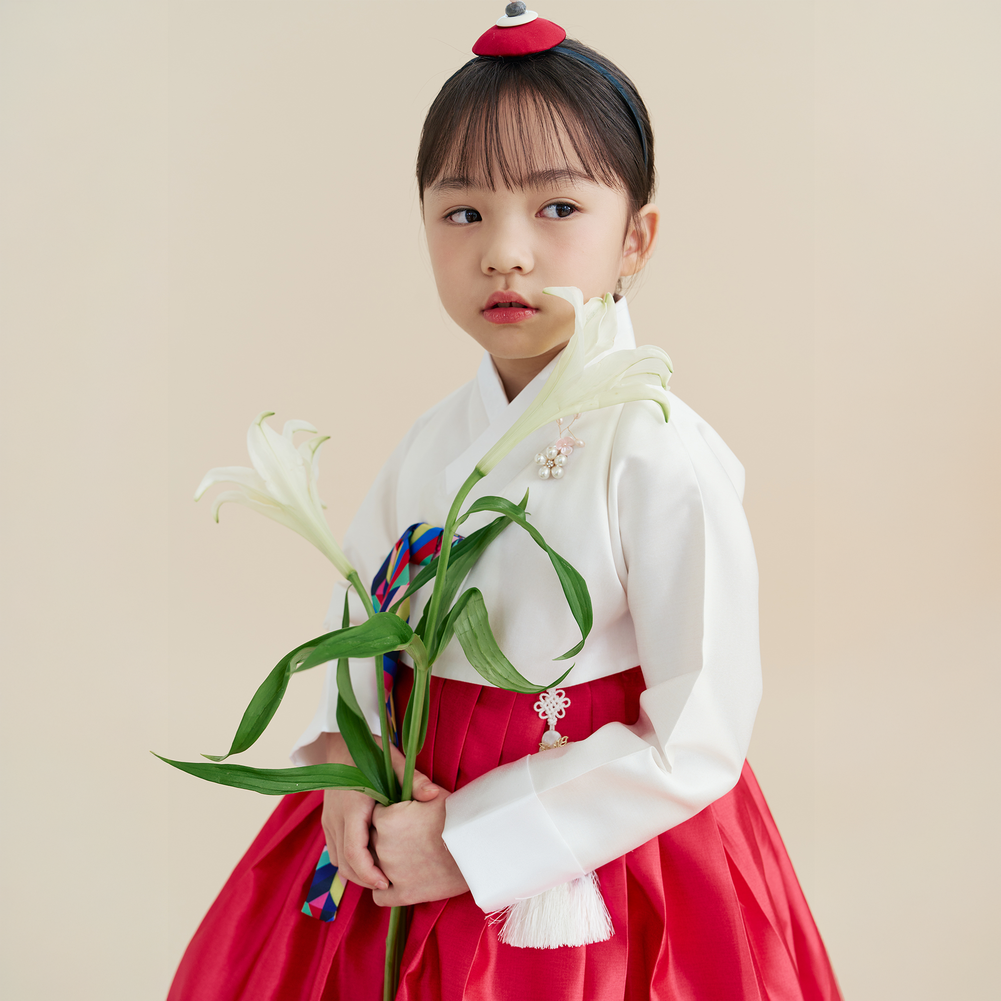 리모 여아 한복 Track-SY38 고급 양단 아이보리 색동 저고리 빨간치마 돌 아기